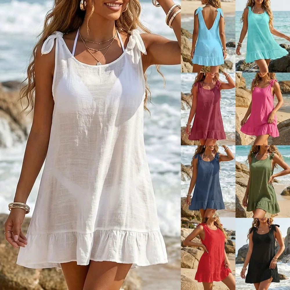 Women's Beach Cover Up Dress Solid Color Ruffle Hem Halter Tie Knot Bow Sleeveless Mini Dress for Bikini Swimwear Summer Casual
Women's Beach Cover Up Dress Solid Color Ruffle Hem Halter Tie Knot Bow Sleeveless Mini Dress for Bikini Swimwear Summer Casual