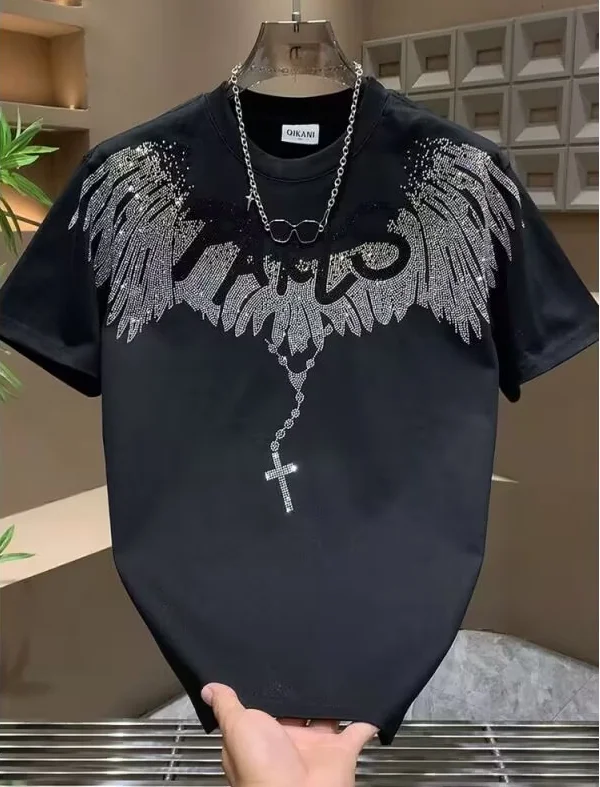 Men Round Neck T-Shirt Luxurious Wing Rhinestone Casual Cotton Tops High Street Couple Tops Fashion Trend Tees Male Clothing
Men Round Neck T-Shirt Luxurious Wing Rhinestone Casual Cotton Tops High Street Couple Tops Fashion Trend Tees Male Clothing