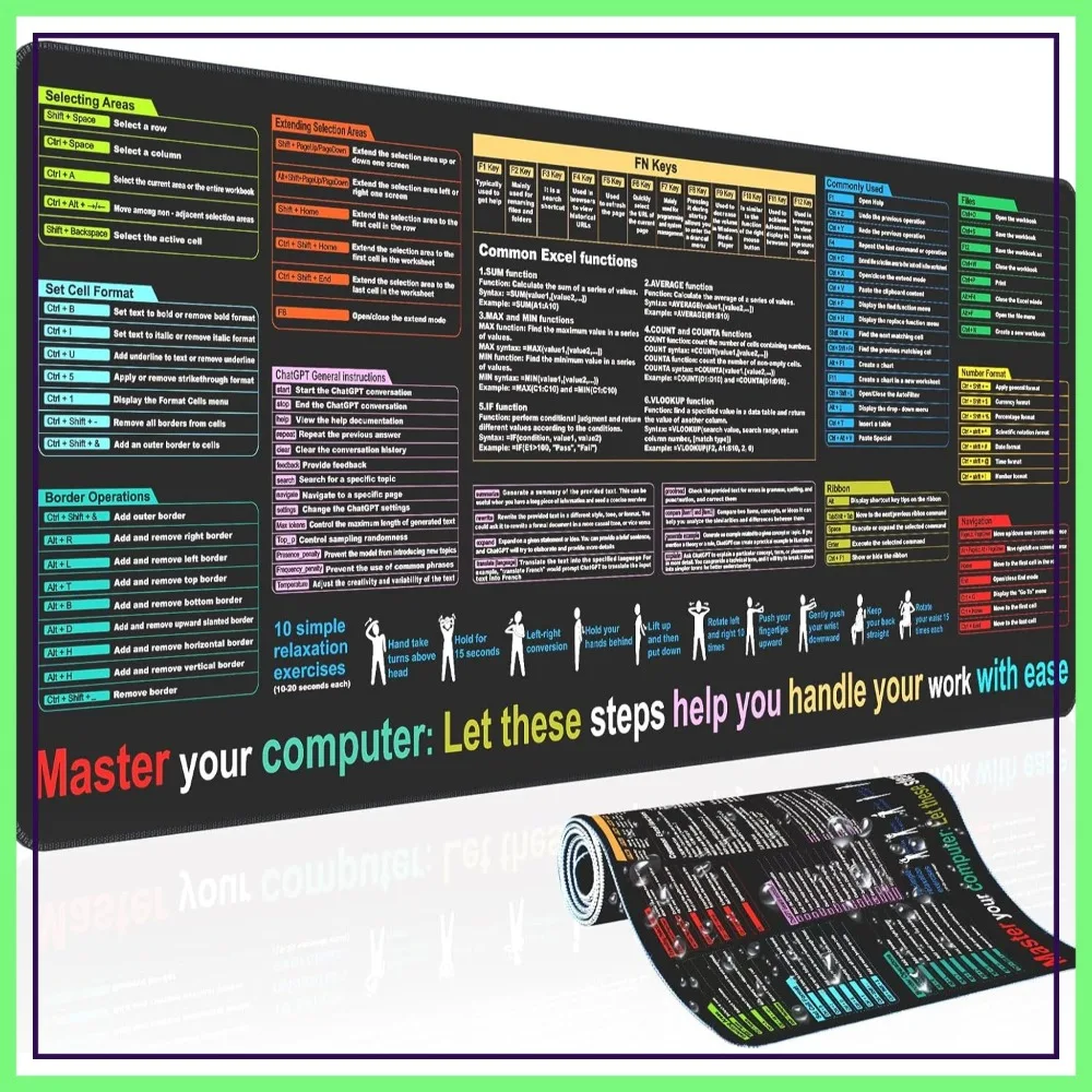 Excel Cheat Sheet Desk Pad: 9 Major Functions, XL 31.5x11.8in, Waterproof & Anti-Slip, for Work/Study/Gaming
Excel Cheat Sheet Desk Pad: 9 Major Functions, XL 31.5x11.8in, Waterproof & Anti-Slip, for Work/Study/Gaming