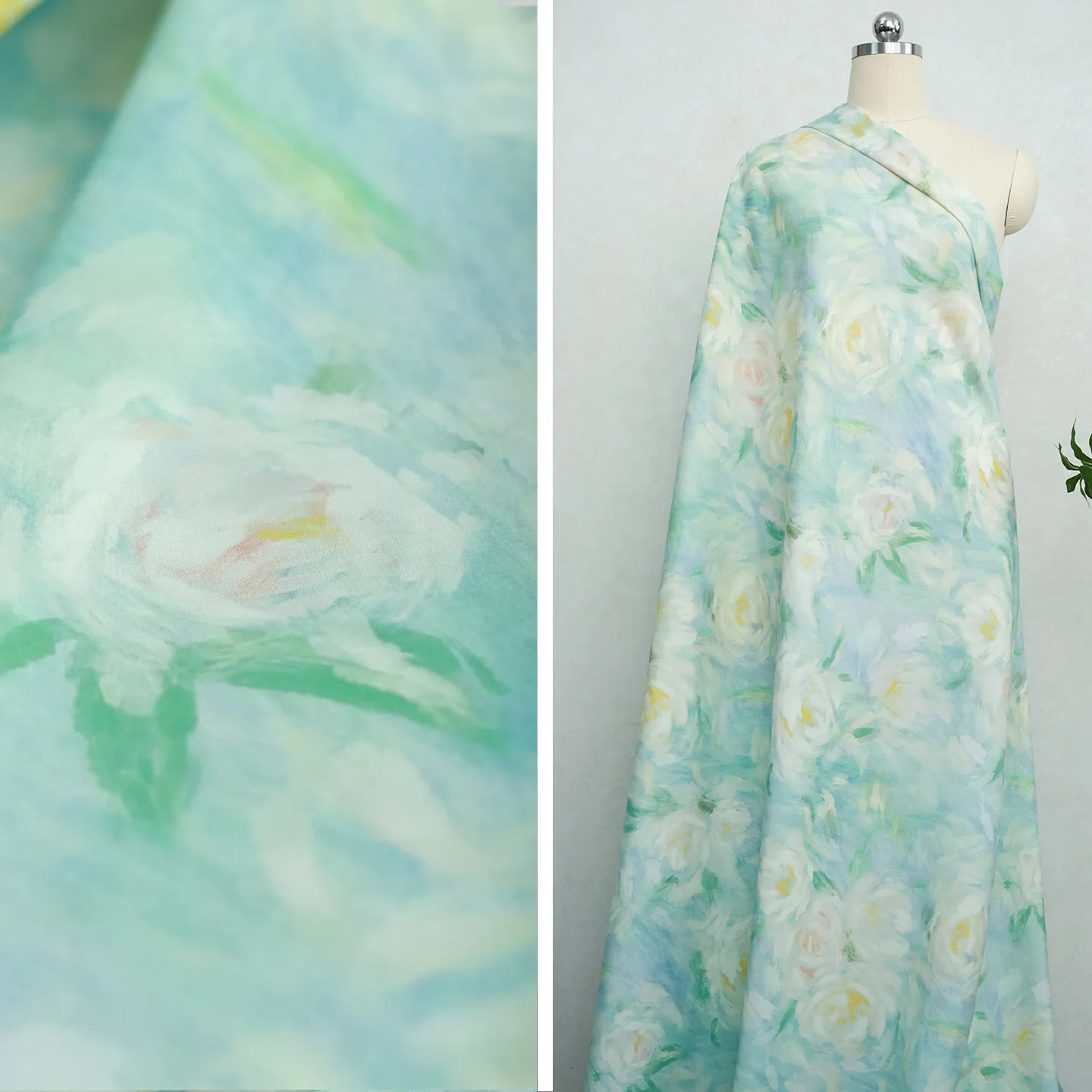 Real silk fabric blue-green impression rose, silky skin feeling Elastic satin reverse print designer
Real silk fabric blue-green impression rose, silky skin feeling Elastic satin reverse print designer