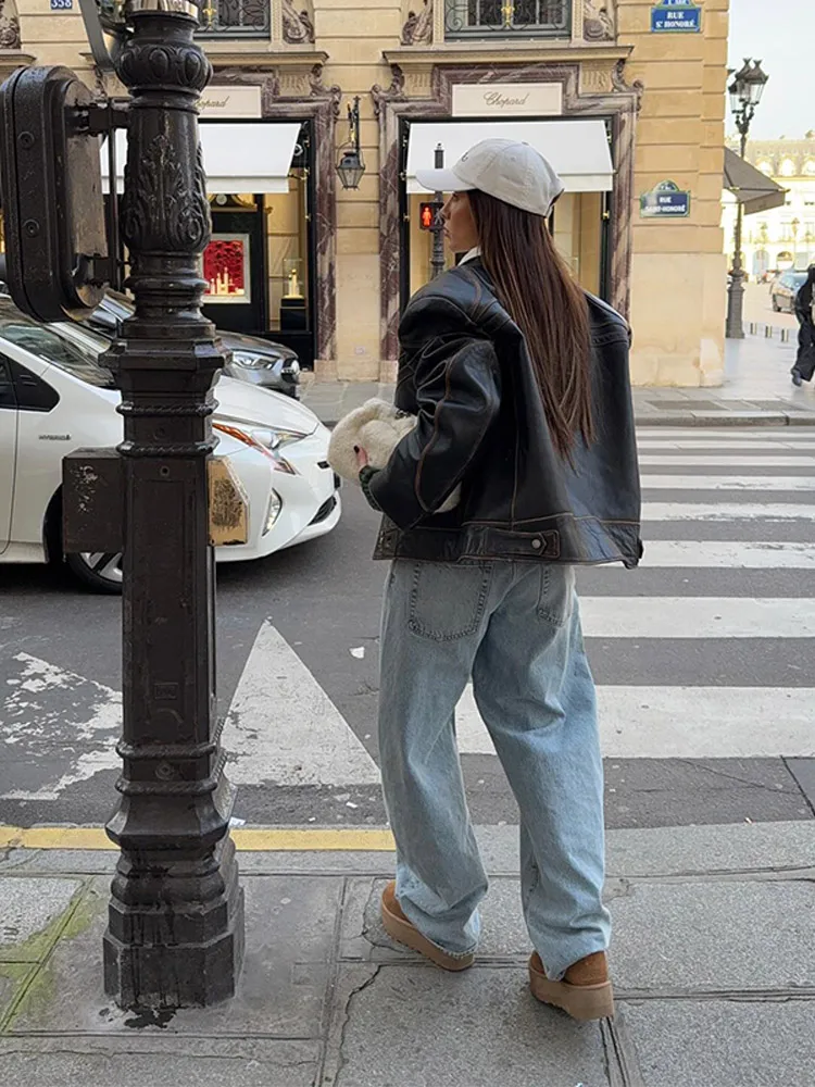 American High End Short Motorcycle Leather Jacket Women Top Autumn New Retro Brown Loose Casual Coats Lady Shoulder Pad Clothing
American High End Short Motorcycle Leather Jacket Women Top Autumn New Retro Brown Loose Casual Coats Lady Shoulder Pad Clothing