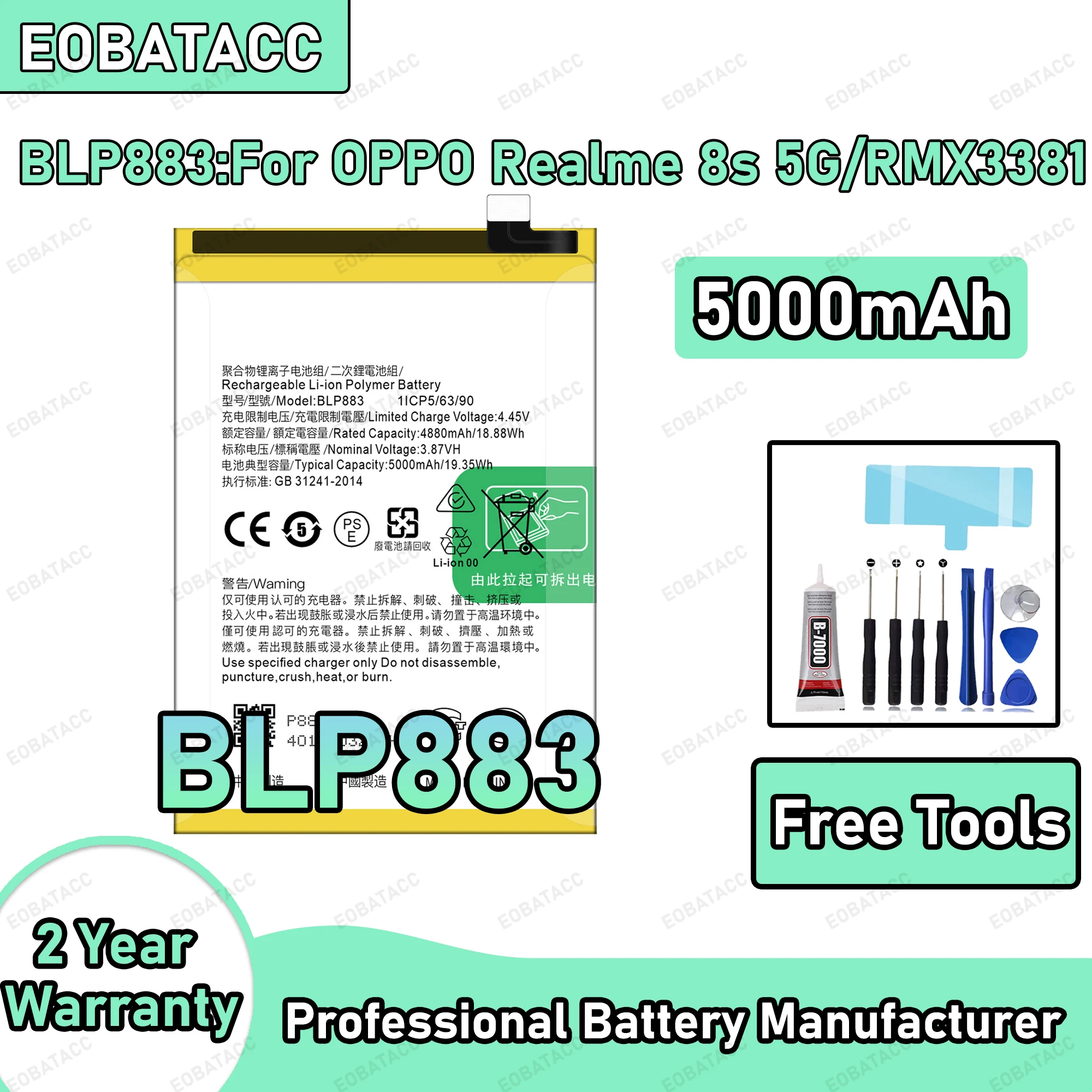 5000mAh 100% New BLP883 Battery For OPPO Realme 8S 5G/RMX3381 Replacement Bateria+Free Tools
5000mAh 100% New BLP883 Battery For OPPO Realme 8S 5G/RMX3381 Replacement Bateria+Free Tools
