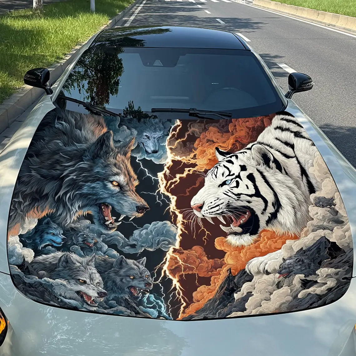 Tiger - Wolf Thunder Duel Car Vinyl Wrap, PVC Waterproof Car Hood Sticker, Self-Adhesive Scratch-Resistant Stickers for Engine C
Tiger - Wolf Thunder Duel Car Vinyl Wrap, PVC Waterproof Car Hood Sticker, Self-Adhesive Scratch-Resistant Stickers for Engine C