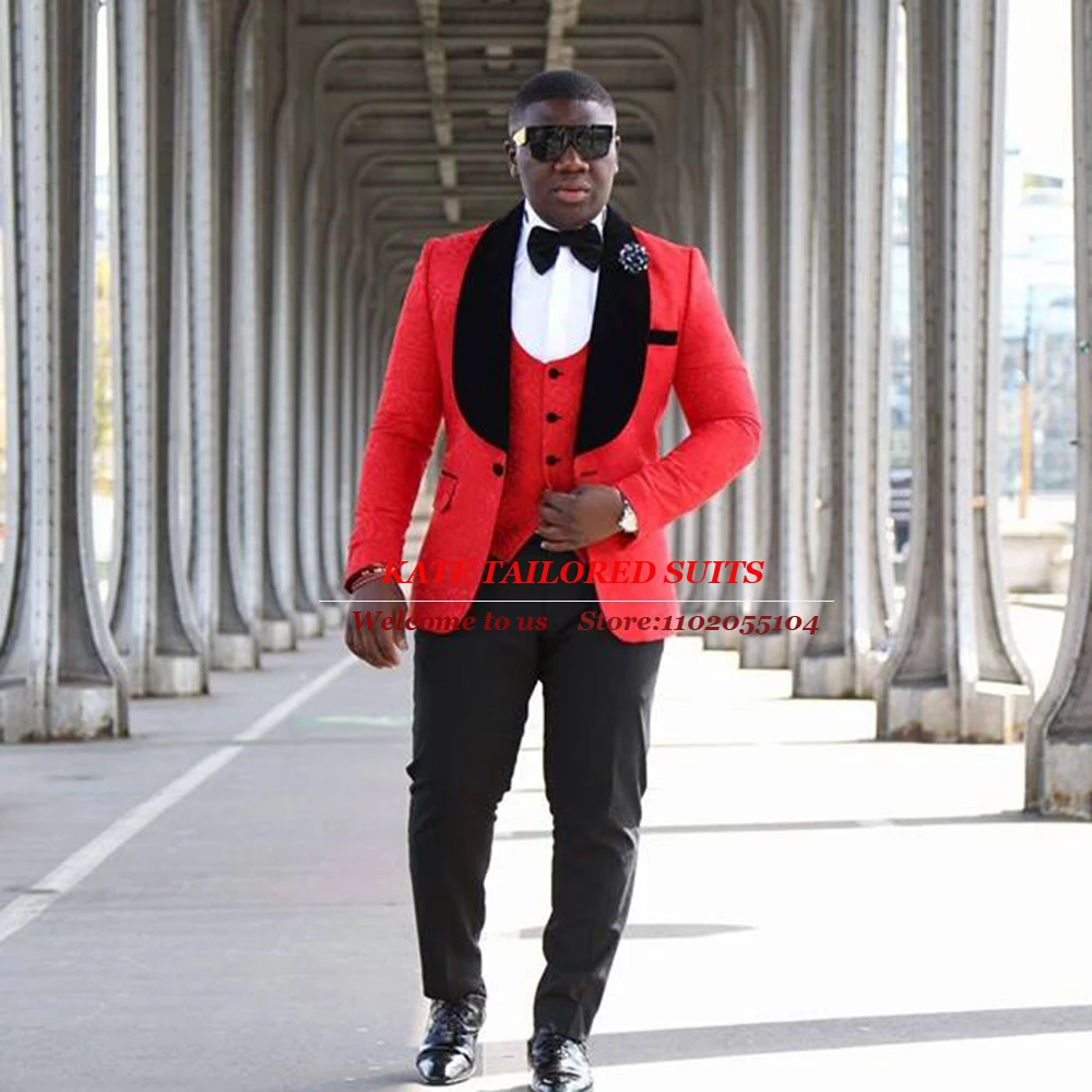 Formal Suits Men Red Jacquard Blazer Black Peaked Laple Jacket Vest Pants 3 Pieces Groom Wedding Tuxedo Business Office Clothes
Formal Suits Men Red Jacquard Blazer Black Peaked Laple Jacket Vest Pants 3 Pieces Groom Wedding Tuxedo Business Office Clothes
