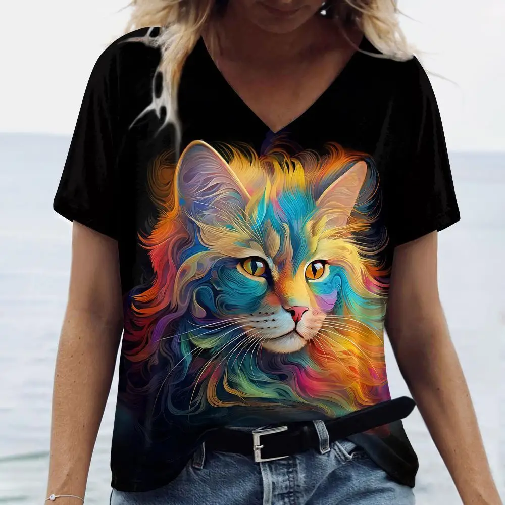 Colorful Cat Print Women's T-Shirt Casual Female Clothing Fashion V-neck Short Sleeve Tops Summer Streetwear Oversized Girls Tee
Colorful Cat Print Women's T-Shirt Casual Female Clothing Fashion V-neck Short Sleeve Tops Summer Streetwear Oversized Girls Tee