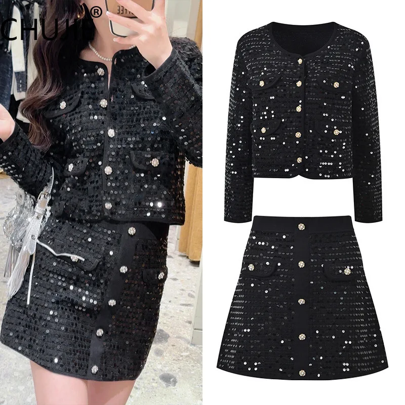 CHUJIE Women's 2025 Early Fall French Style Sequin Cardigan Set - Wool Blend Round Neck Knit Top & Skirt With Beaded Buttons
CHUJIE Women's 2025 Early Fall French Style Sequin Cardigan Set - Wool Blend Round Neck Knit Top & Skirt With Beaded Buttons