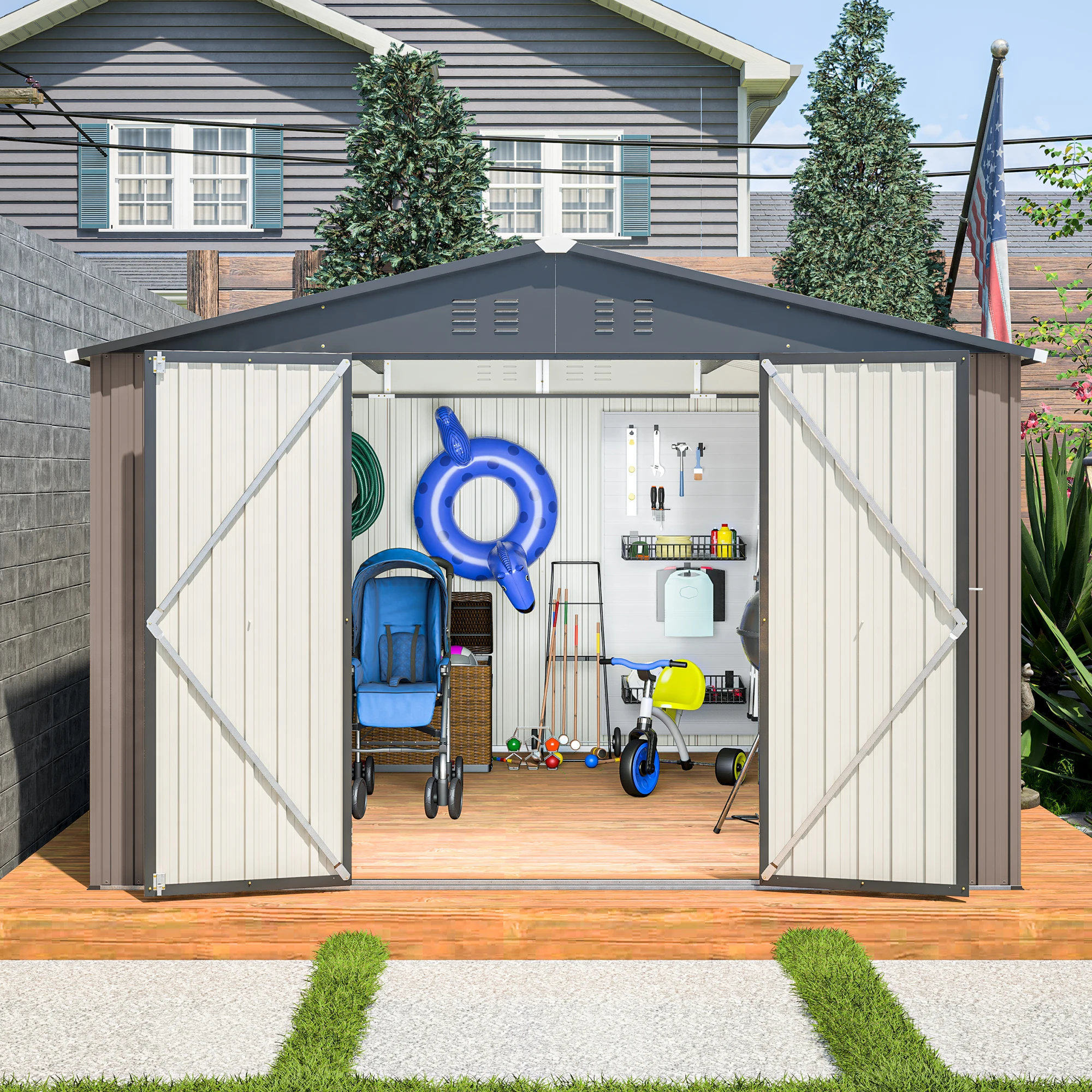 118"×123"×79" Metal Storage Shed with Rain-Draining Sloped Roof, Lockable Double Doors, Heavy-Duty Rust-Proof Construction for Long Lasting Use
118"×123"×79" Metal Storage Shed with Rain-Draining Sloped Roof, Lockable Double Doors, Heavy-Duty Rust-Proof Construction for Long Lasting Use