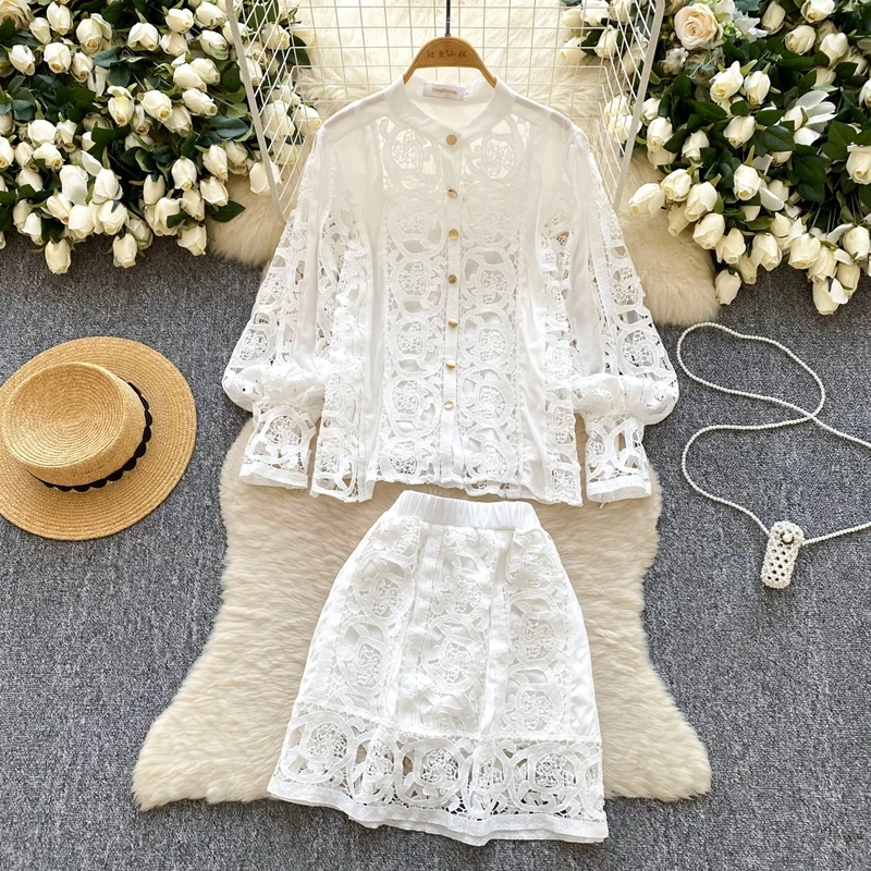 French Court Style Hollowed out Crochet Lace Lantern Sleeve Shirt Camisole Vest and High Waisted Skirt Set
French Court Style Hollowed out Crochet Lace Lantern Sleeve Shirt Camisole Vest and High Waisted Skirt Set