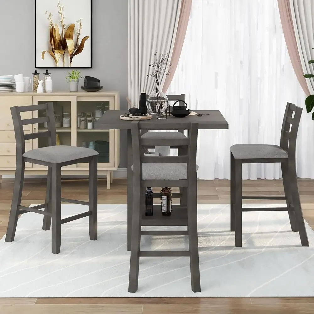 5-Piece Tall Dining Set with Square Table and 2-Tier Shelves, Gray Upholstered Chairs for Compact Spaces
5-Piece Tall Dining Set with Square Table and 2-Tier Shelves, Gray Upholstered Chairs for Compact Spaces