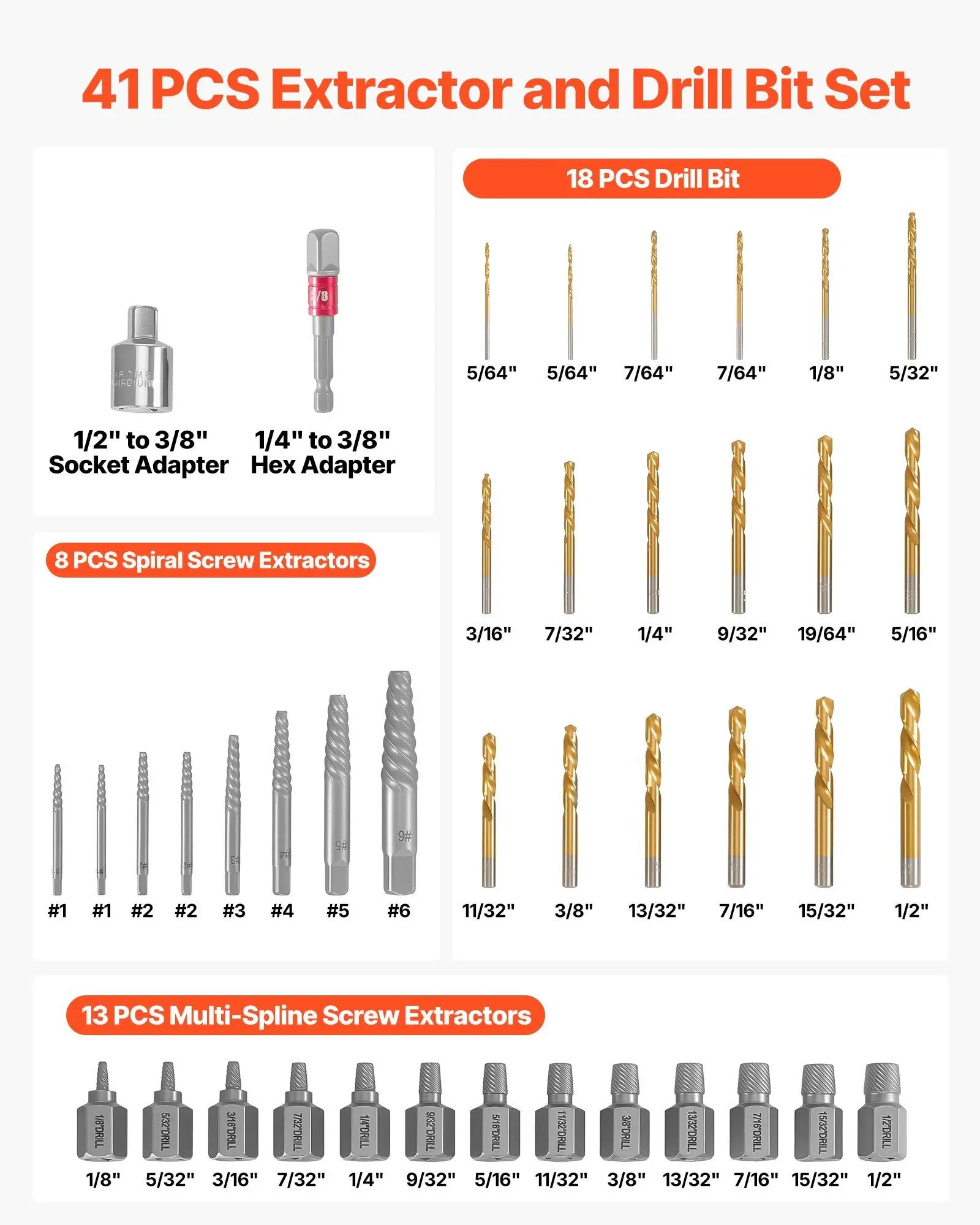 Screw Extractor Set with Drill Bits, 41 Pieces, Easy Out Bolt Extractors and Drill Bits, with Adapters, Solid Storage Case,
Screw Extractor Set with Drill Bits, 41 Pieces, Easy Out Bolt Extractors and Drill Bits, with Adapters, Solid Storage Case,