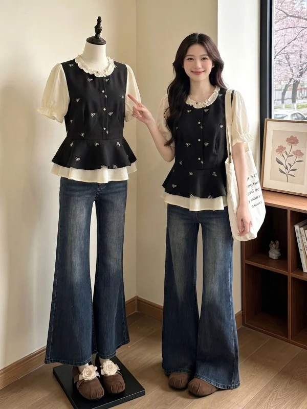 Summer New Style Women's Short Sleeve Shirt Wooden Shoulder Commute Style plus Size Fake Two-Piece Top for Young Girls
Summer New Style Women's Short Sleeve Shirt Wooden Shoulder Commute Style plus Size Fake Two-Piece Top for Young Girls