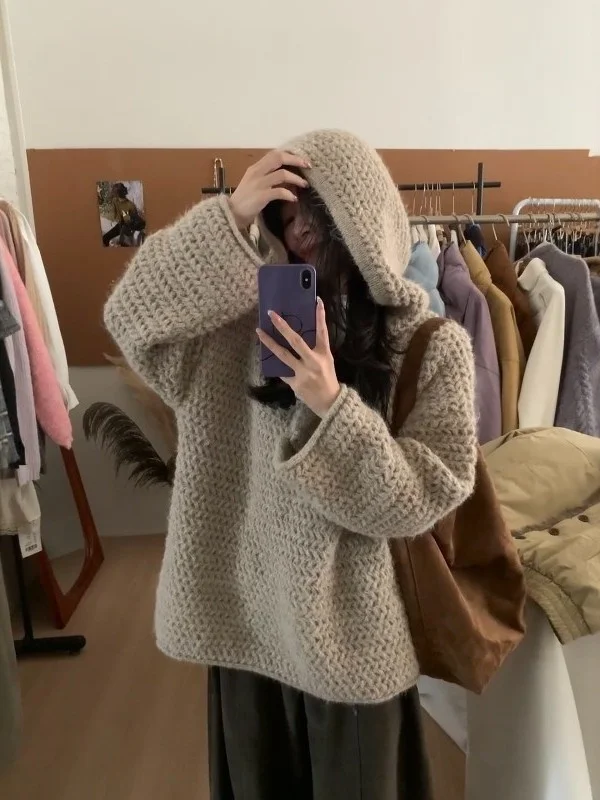 Корейский свободный крой, женский вязаный свитер с капюшоном, повседневный удобный модный осенне-зимний топ
Корейский свободный крой, женский вязаный свитер с капюшоном, повседневный удобный модный осенне-зимний топ