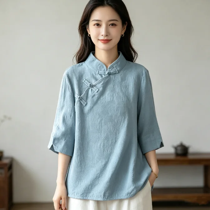 Retro Cotton Linen Women's T-shirt Collared Side Buttoned Base Shirt New Style Summer Artistic Vintage Commute Style Shirt
Retro Cotton Linen Women's T-shirt Collared Side Buttoned Base Shirt New Style Summer Artistic Vintage Commute Style Shirt