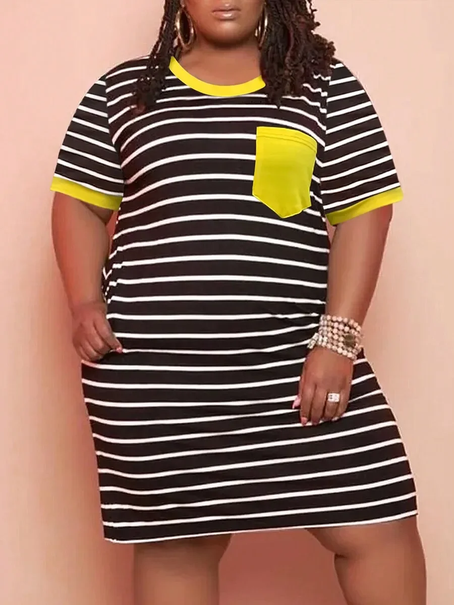 Plus Size Women Striped T-Shirt Dress With Contrast Pocket Summer Casual
Plus Size Women Striped T-Shirt Dress With Contrast Pocket Summer Casual
