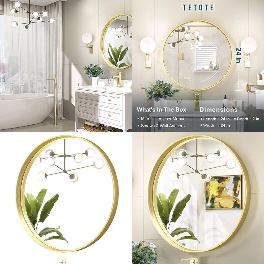 24-дюймовое круглое настенное зеркало в рамке цвета шампанского, современное небьющееся косметическое зеркало для декора ванной комнаты и прихожей
24-дюймовое круглое настенное зеркало в рамке цвета шампанского, современное небьющееся косметическое зеркало для декора ванной комнаты и прихожей