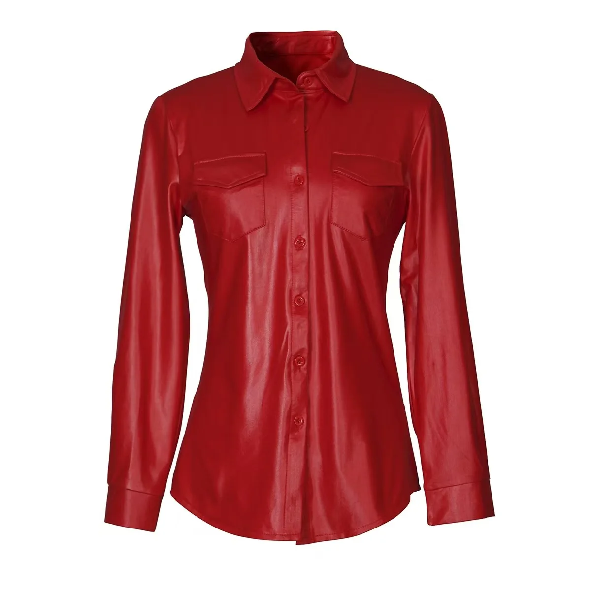 Premium Faux Leather Button Up Shirt for Women - Long Sleeve, Lapel Collar, Chest Pockets, Slim Fit Blouse In Multiple Colors
Premium Faux Leather Button Up Shirt for Women - Long Sleeve, Lapel Collar, Chest Pockets, Slim Fit Blouse In Multiple Colors