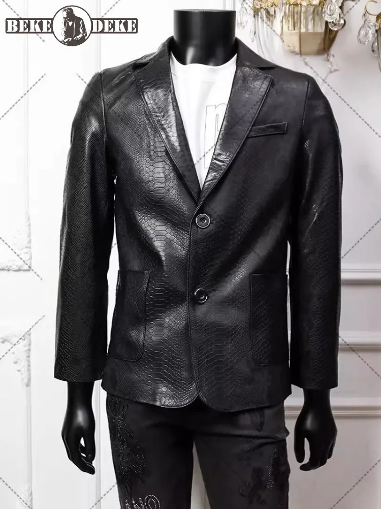 Spring New Mens Python Pattern Sheepskin Genuine Leather Jacket Slim Fit Business Work Suit Coat Single Breasted Blazer Jackets
Spring New Mens Python Pattern Sheepskin Genuine Leather Jacket Slim Fit Business Work Suit Coat Single Breasted Blazer Jackets
