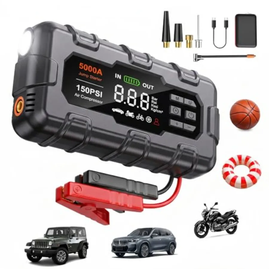 Jump Starter with Air Compressor 5000A Car Battery Jumper Starter Portable 12V Jump Box with Display PD 45W LED Light Jumper Ca
Jump Starter with Air Compressor 5000A Car Battery Jumper Starter Portable 12V Jump Box with Display PD 45W LED Light Jumper Ca