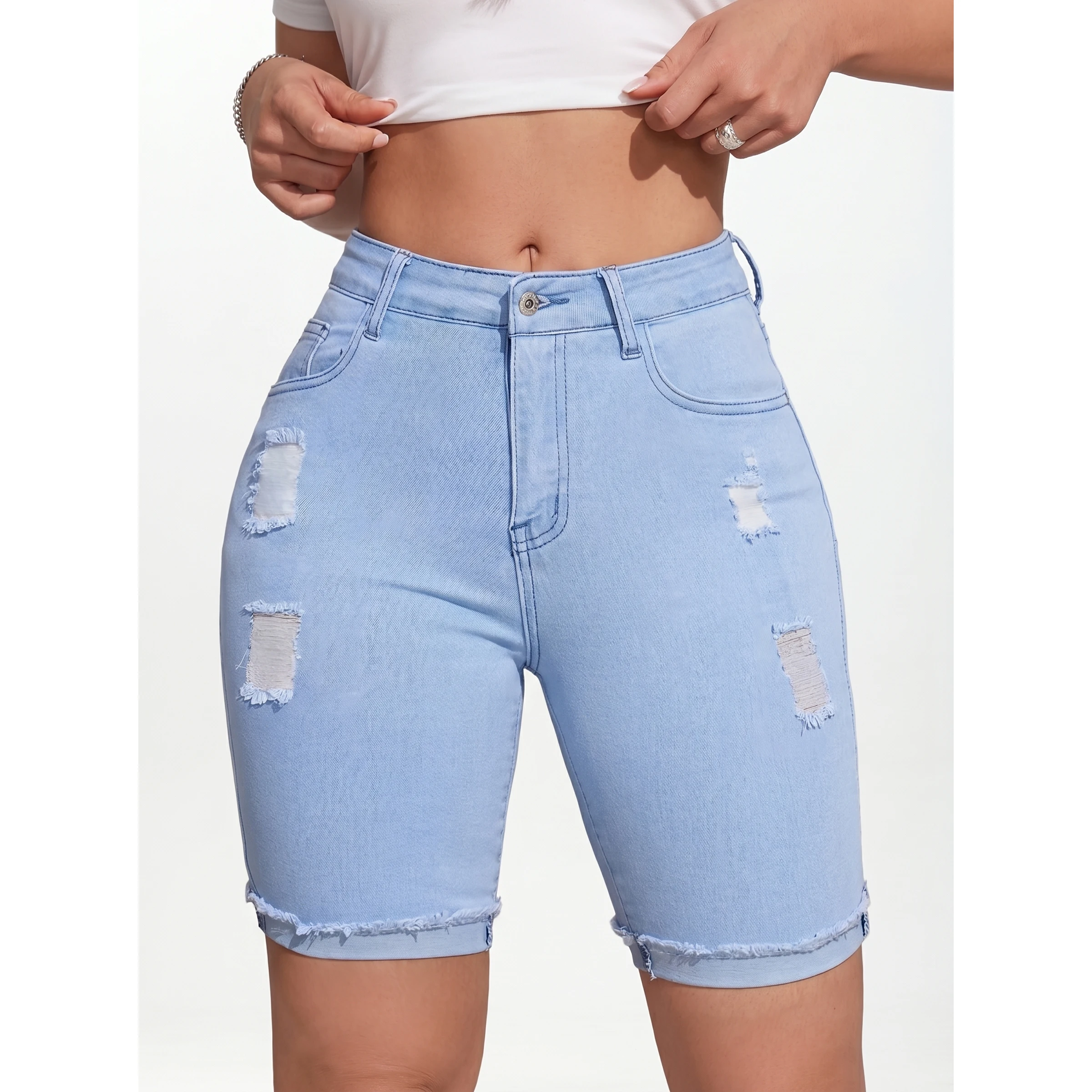 Women's Stretchy Ripped Hem Light Blue Denim Shorts, Slimming and Hip-Lifting, Casual Versatile Five-Point Pants
Women's Stretchy Ripped Hem Light Blue Denim Shorts, Slimming and Hip-Lifting, Casual Versatile Five-Point Pants