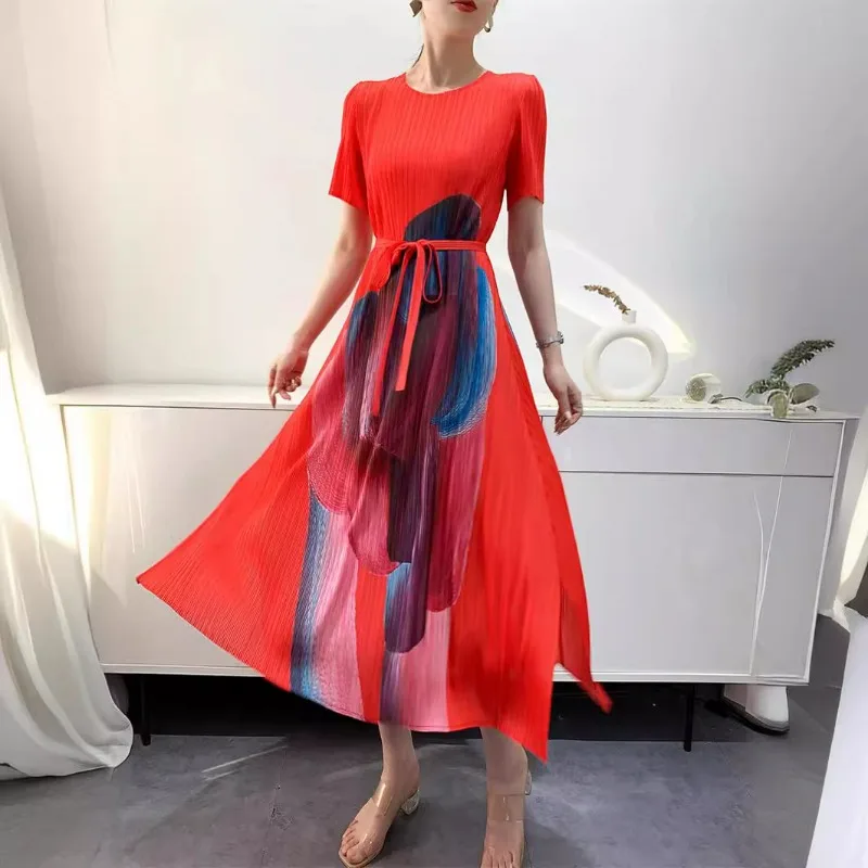 Miyake 2024 Summer Pleated Dress Women's Print Mid Length Tie Comfortable Casual Folded Dress Split
Miyake 2024 Summer Pleated Dress Women's Print Mid Length Tie Comfortable Casual Folded Dress Split