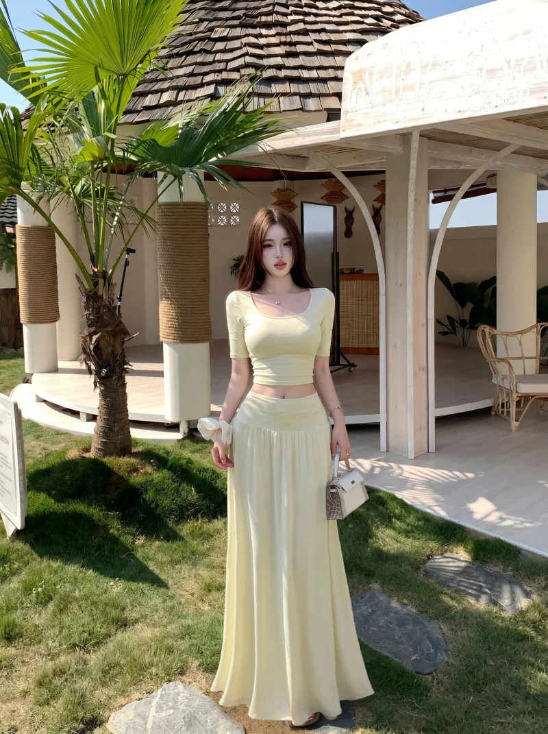 Summer Pure Desire Style Women's Short Sleeve U-Neck T-Shirt And High Waist Long Skirt Two-Piece Set Slim Fit Casual Fashion
Summer Pure Desire Style Women's Short Sleeve U-Neck T-Shirt And High Waist Long Skirt Two-Piece Set Slim Fit Casual Fashion