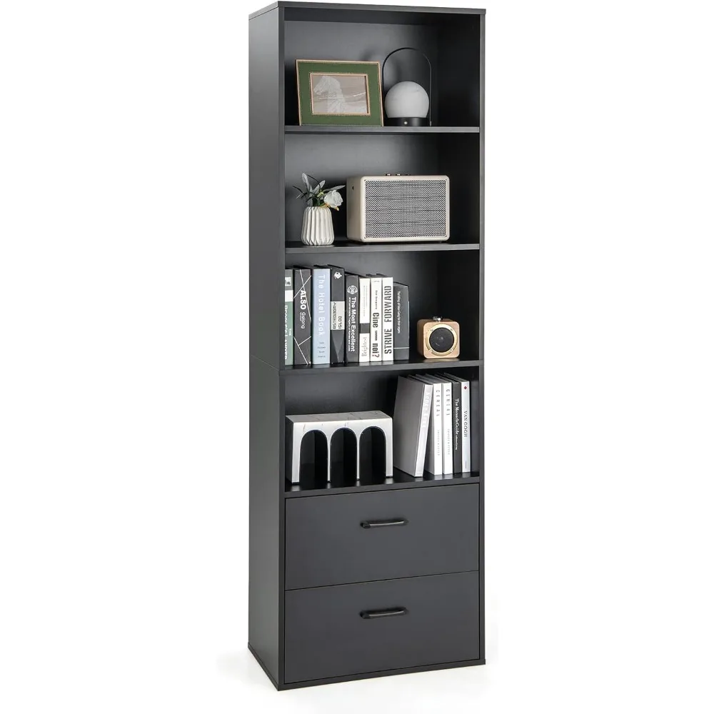 74" Tall 4-Tier Bookcase with Drawers - Freestanding Black Narrow Bookcase with Anti-Tipping Kits, Wood Open Storage Display Ca
74" Tall 4-Tier Bookcase with Drawers - Freestanding Black Narrow Bookcase with Anti-Tipping Kits, Wood Open Storage Display Ca