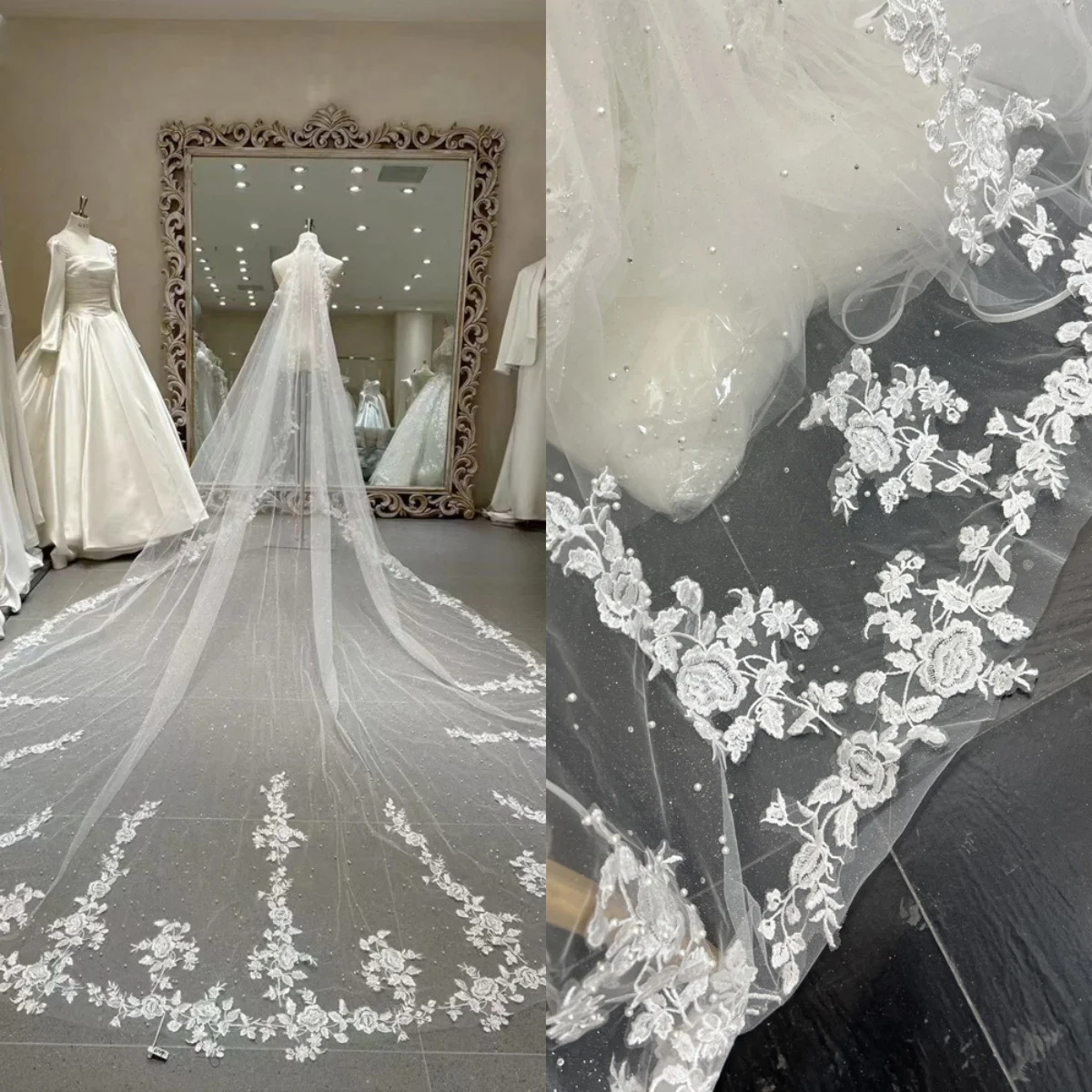 Unqiue Appliques Wedding Veil Lace One Layer 4M Length Pearls Bride Veils Applique Edge For Bridal Customized High Quality
Unqiue Appliques Wedding Veil Lace One Layer 4M Length Pearls Bride Veils Applique Edge For Bridal Customized High Quality
