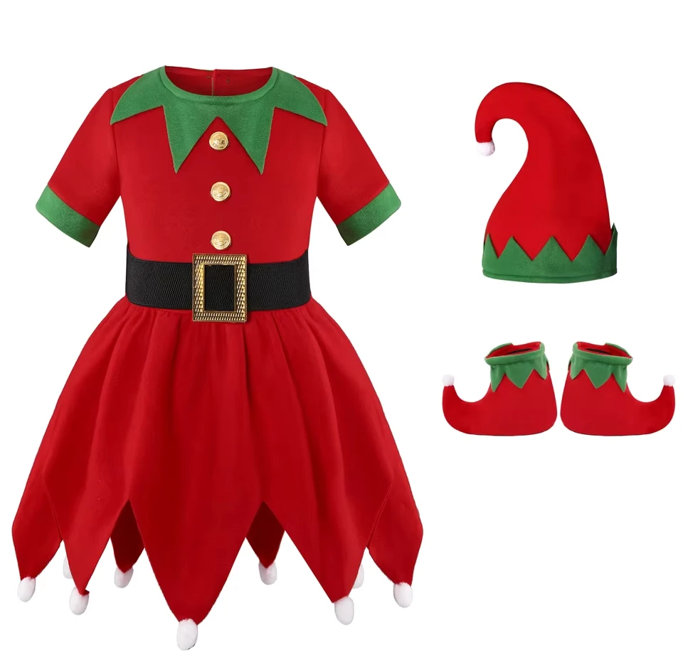 7pcs Girl Christmas Elf Costumes Contrast Short Sleeve Dress Striped Stockings Belt Hat and Shoes 5 Piece Set for Holiday Party
7pcs Girl Christmas Elf Costumes Contrast Short Sleeve Dress Striped Stockings Belt Hat and Shoes 5 Piece Set for Holiday Party