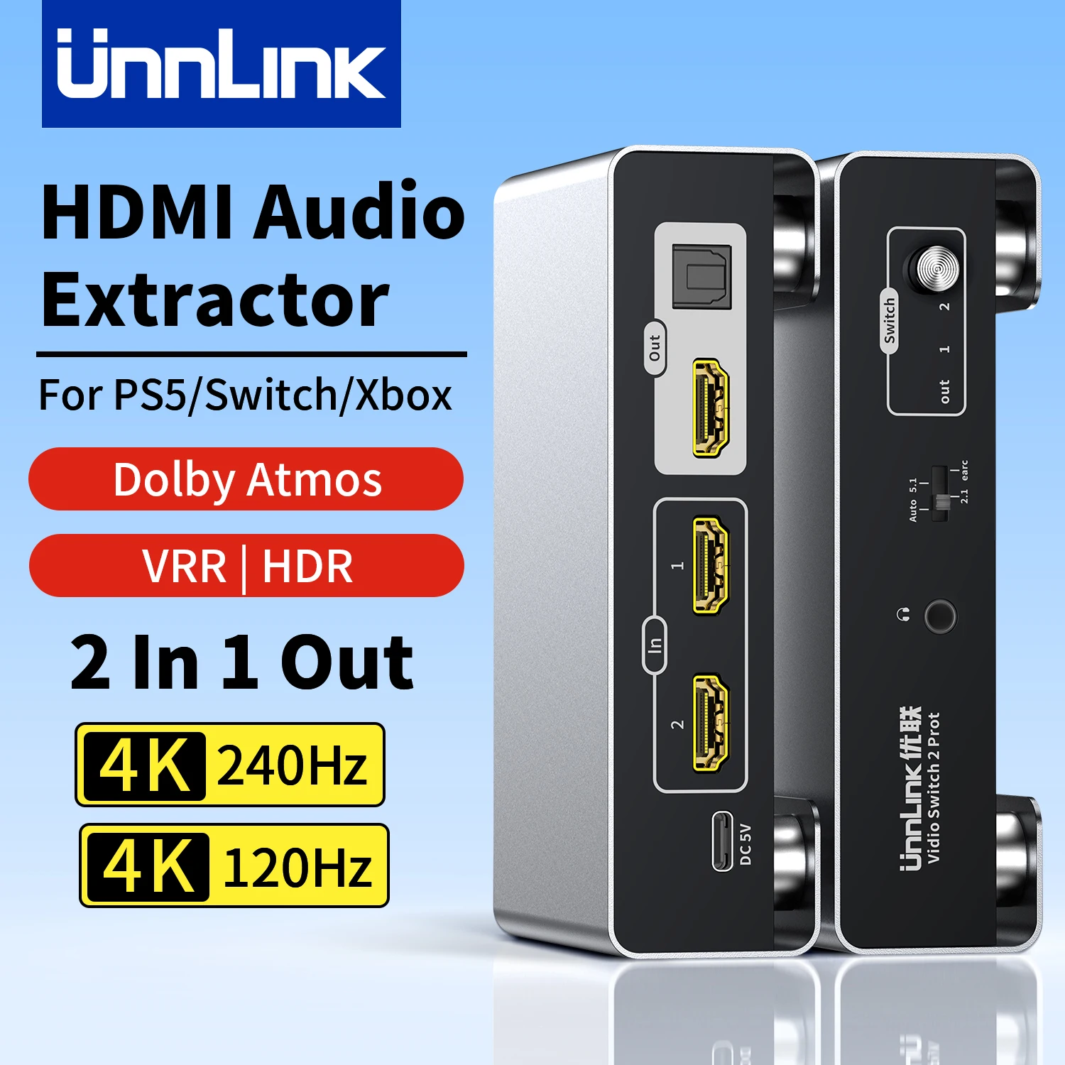 Unnlink 4K 240Hz/120Hz HDMI Audio Extractor 2 In 1 Out Switch with SPDIF 5.1 Optical Aux for PS5 PC to TV Monitor VRR HDR eARC
Unnlink 4K 240Hz/120Hz HDMI Audio Extractor 2 In 1 Out Switch with SPDIF 5.1 Optical Aux for PS5 PC to TV Monitor VRR HDR eARC