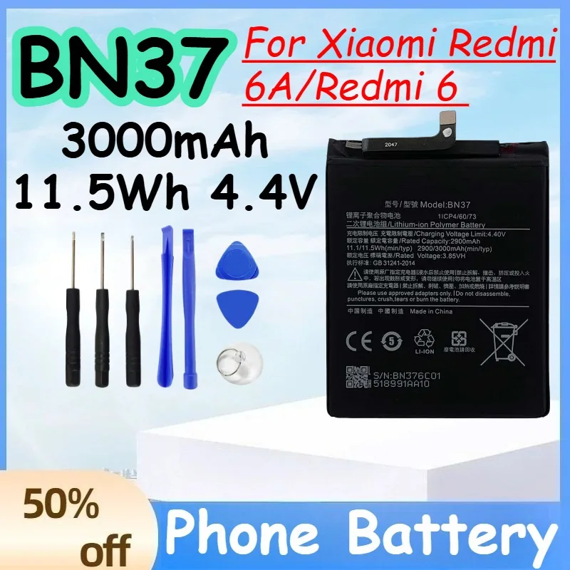 BN37 3000mAh 11.5Wh 4.4V Battery for Xiaomi Redmi 6A/Redmi 6 Replace Mobile Phone Battery+Free Tools
BN37 3000mAh 11.5Wh 4.4V Battery for Xiaomi Redmi 6A/Redmi 6 Replace Mobile Phone Battery+Free Tools