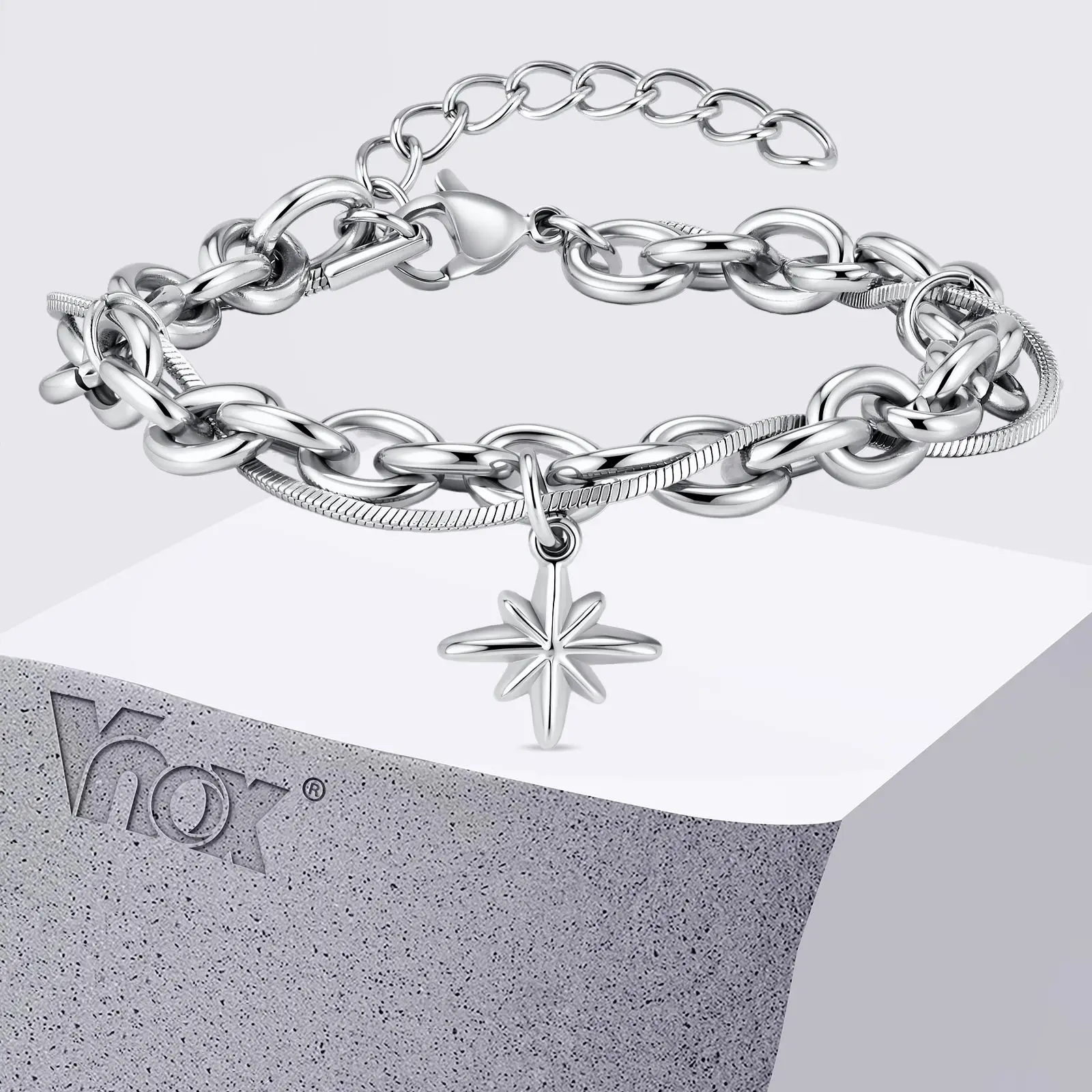 Vnox Stainless Steel Double Layer Star Bracelet Silver Color Adjustable 17-22cm Hip Hop Charm Chain Cool Wristband for Men Women
Vnox Stainless Steel Double Layer Star Bracelet Silver Color Adjustable 17-22cm Hip Hop Charm Chain Cool Wristband for Men Women