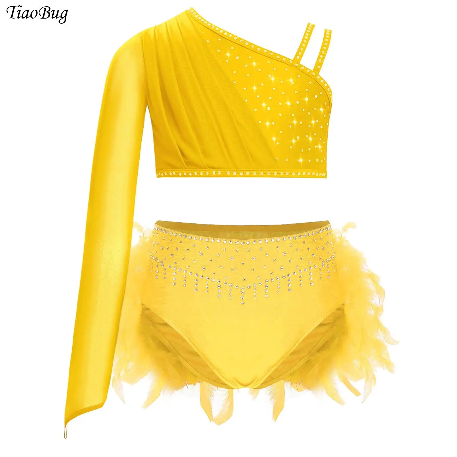 Kids Girls Ballet Lyrical Dance Outfit Sheer Mesh Asymmetrical One Shoulder Shiny Rhinestones Crop Top+Feather Brief Bottoms
Kids Girls Ballet Lyrical Dance Outfit Sheer Mesh Asymmetrical One Shoulder Shiny Rhinestones Crop Top+Feather Brief Bottoms
