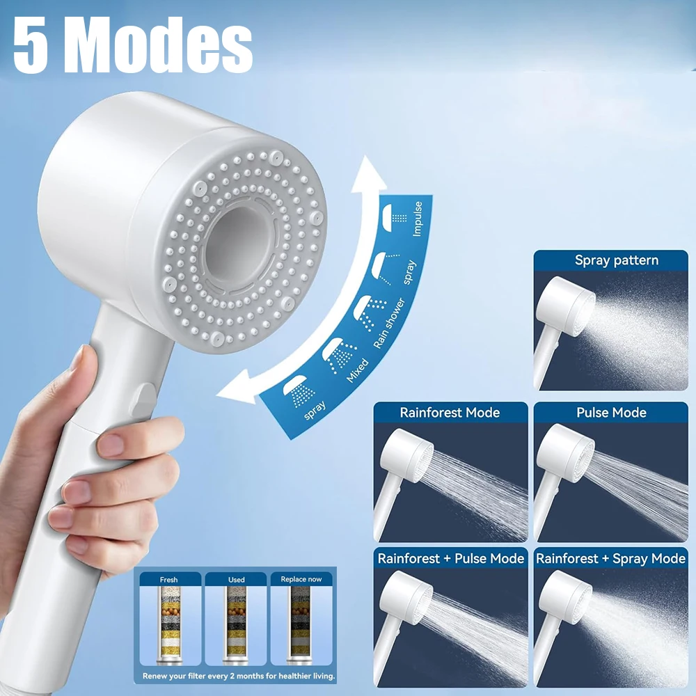 5-режимная водосберегающая насадка для душа с одним ключом, ручная насадка для душа высокого давления с большим расходом и фильтром, насадка для душа для ванной комнаты
5-режимная водосберегающая насадка для душа с одним ключом, ручная насадка для душа высокого давления с большим расходом и фильтром, насадка для душа для ванной комнаты