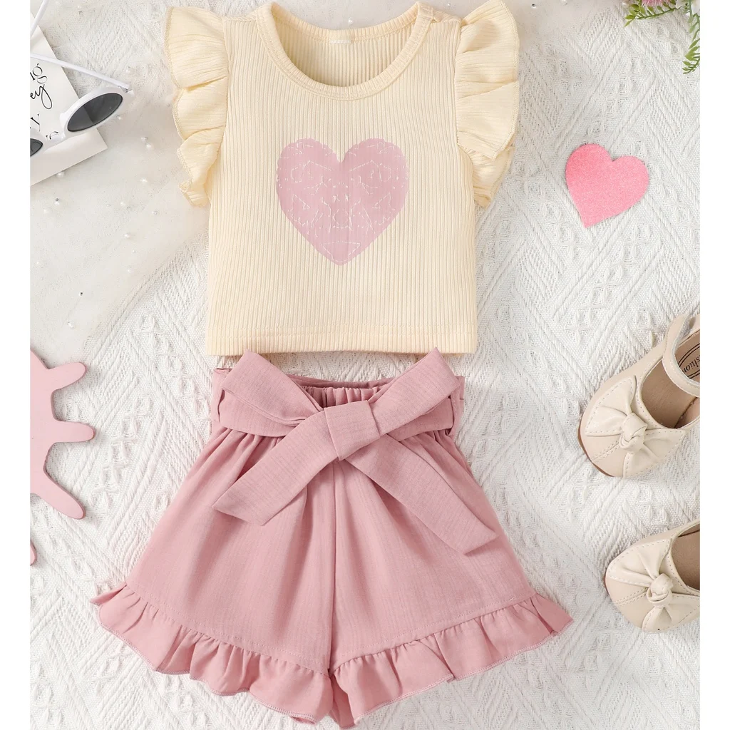 1-5 Years Girl's Beige Flutter Sleeve Top+Pink Short Skirt Set Love Printed Sweet 2PCS Clothes Set Summer Toddler Girl Outfits
1-5 Years Girl's Beige Flutter Sleeve Top+Pink Short Skirt Set Love Printed Sweet 2PCS Clothes Set Summer Toddler Girl Outfits