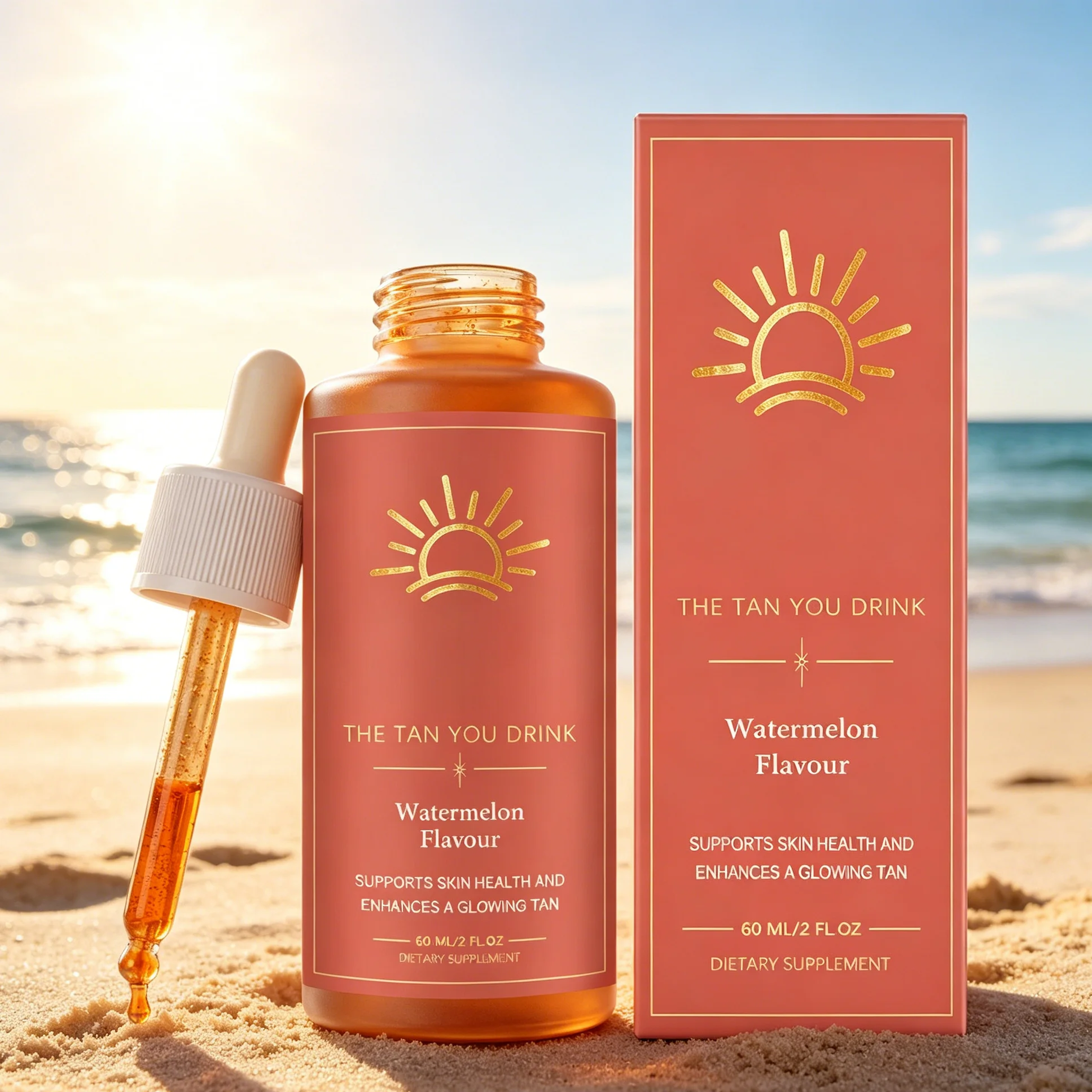 Oral Drinkable Sunless Tanning Drops Watermelon Flavor Boost Melanin Natural Sunkissed Bronze Glow Tanning Supplement
Oral Drinkable Sunless Tanning Drops Watermelon Flavor Boost Melanin Natural Sunkissed Bronze Glow Tanning Supplement