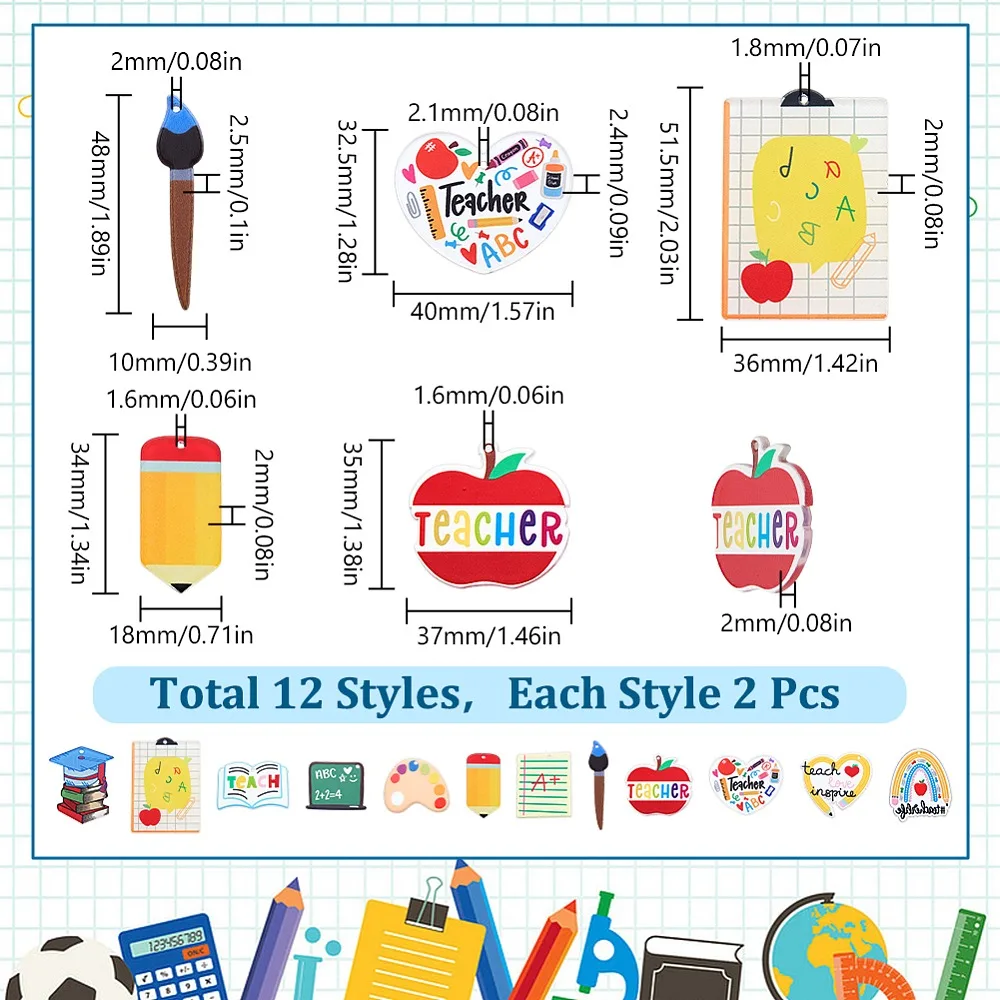 24Pcs 12 Styles Teachers' Day Theme Opaque Acrylic Pendants Mixed Shape Mixed Color 26~51.5x10~40x2~2.5mm Hole: 1.6~2mm
24Pcs 12 Styles Teachers' Day Theme Opaque Acrylic Pendants Mixed Shape Mixed Color 26~51.5x10~40x2~2.5mm Hole: 1.6~2mm