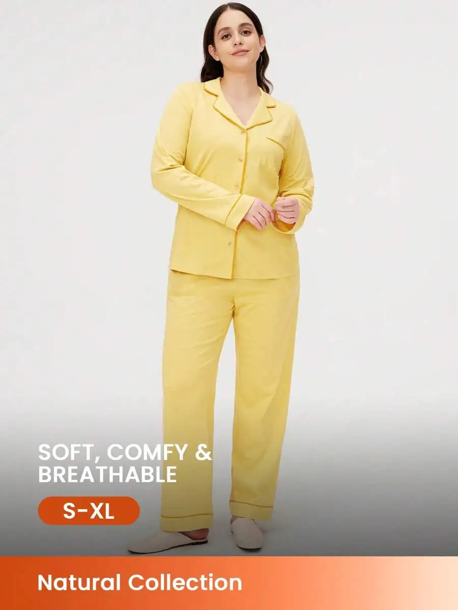 Women Soft Cotton Pajama Set Button-Up Top And Pants With Pockets
Women Soft Cotton Pajama Set Button-Up Top And Pants With Pockets