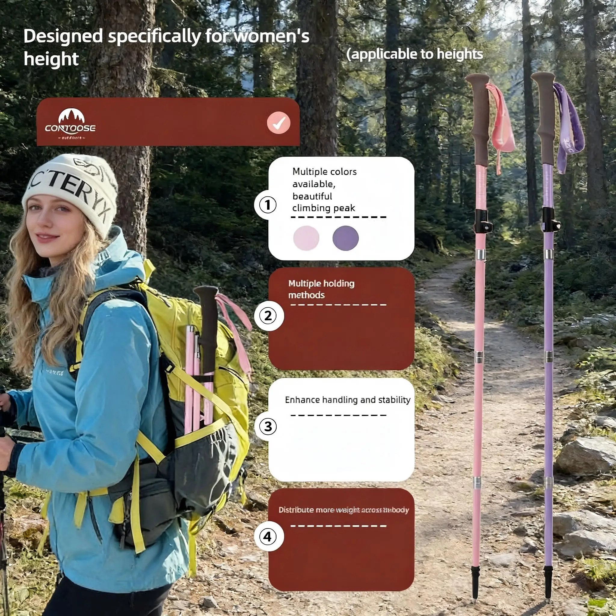 Ultra-lightweight, collapsible hiking pole with shock absorption—designed for women and ideal for camping, hiking, backpacking。
Ultra-lightweight, collapsible hiking pole with shock absorption—designed for women and ideal for camping, hiking, backpacking。