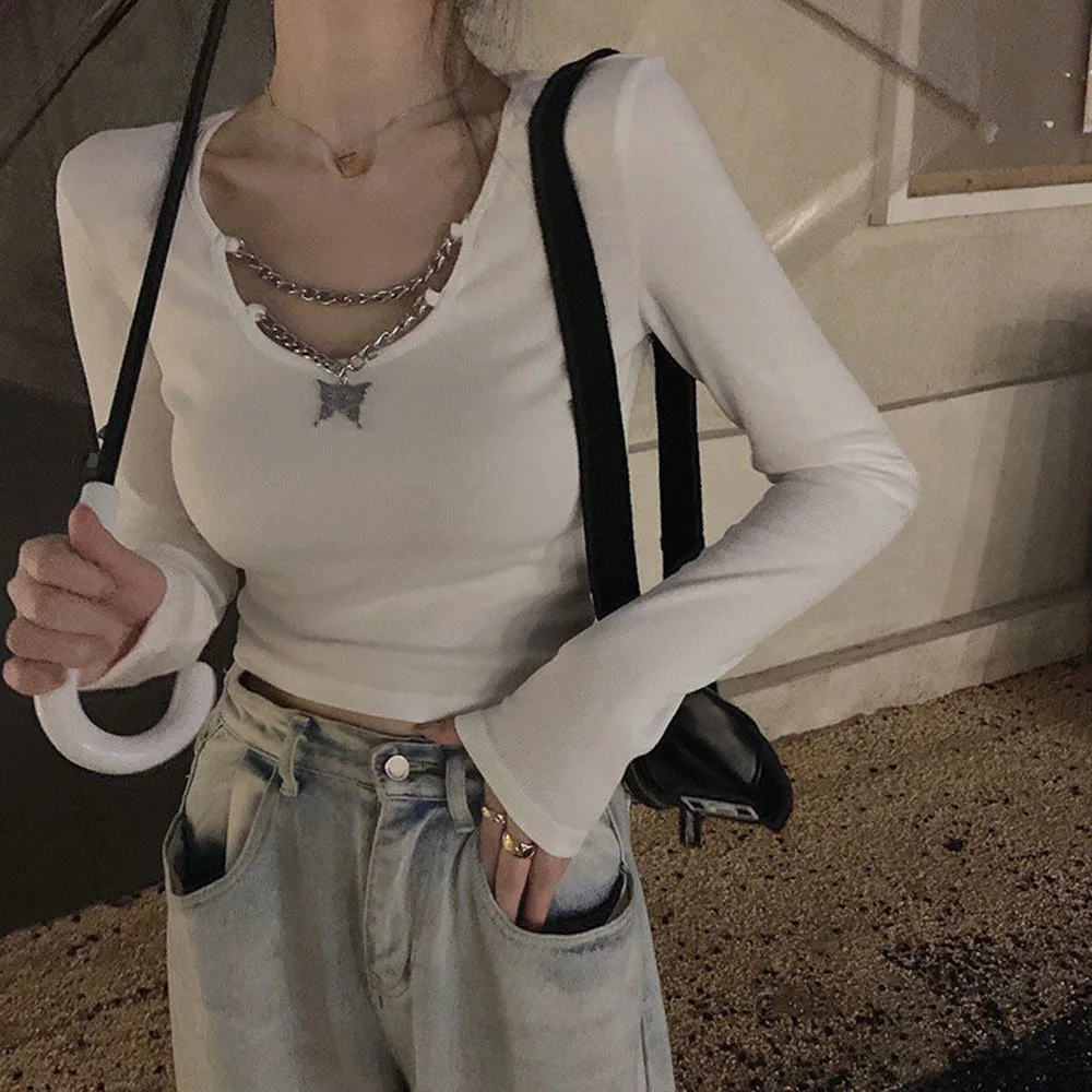 90s Aesthetic Autumn New Slim Tees 2024 Gothic Women Black Y2k Punk T Shirt Harajuku Vintage Butterfly Chain Tops 2000s Clothes
90s Aesthetic Autumn New Slim Tees 2024 Gothic Women Black Y2k Punk T Shirt Harajuku Vintage Butterfly Chain Tops 2000s Clothes