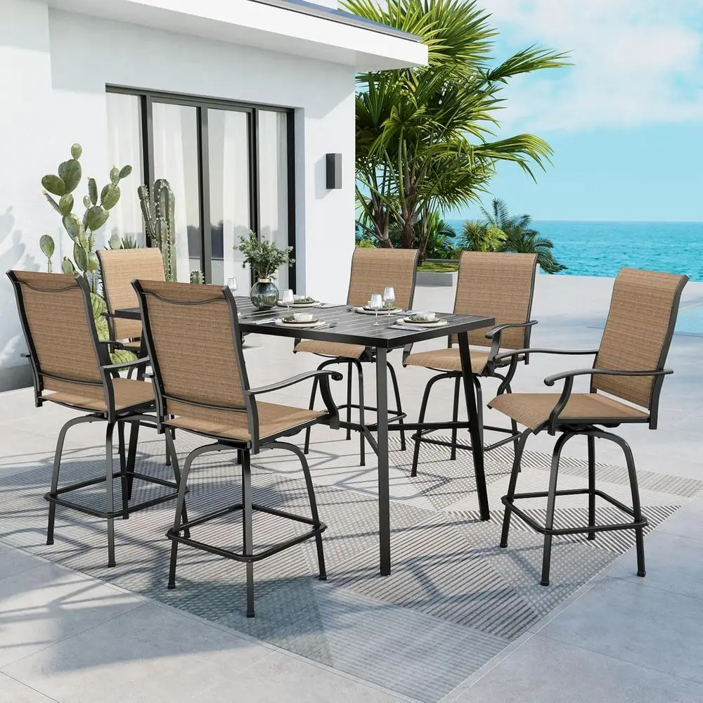 7-Piece Outdoor Bar Set: High Top Metal Table with 6 Swivel Stools, Textilene Fabric
7-Piece Outdoor Bar Set: High Top Metal Table with 6 Swivel Stools, Textilene Fabric