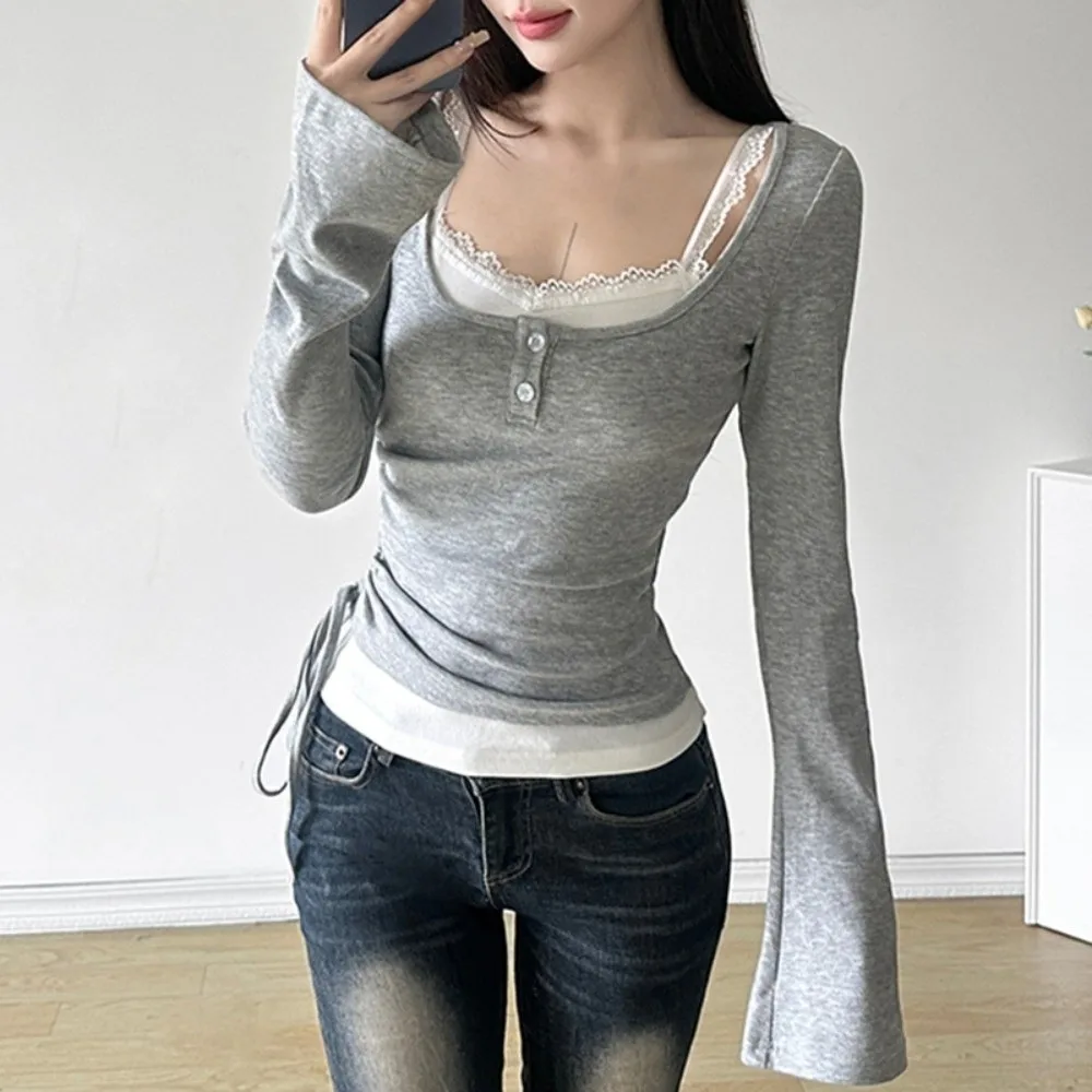 Elegant Fake Two-piece Slim Crop Tops Bow Bell Sleeve Bottoming Top Elastic Comfortable Skinny Knitwear Spicy Girl
Elegant Fake Two-piece Slim Crop Tops Bow Bell Sleeve Bottoming Top Elastic Comfortable Skinny Knitwear Spicy Girl