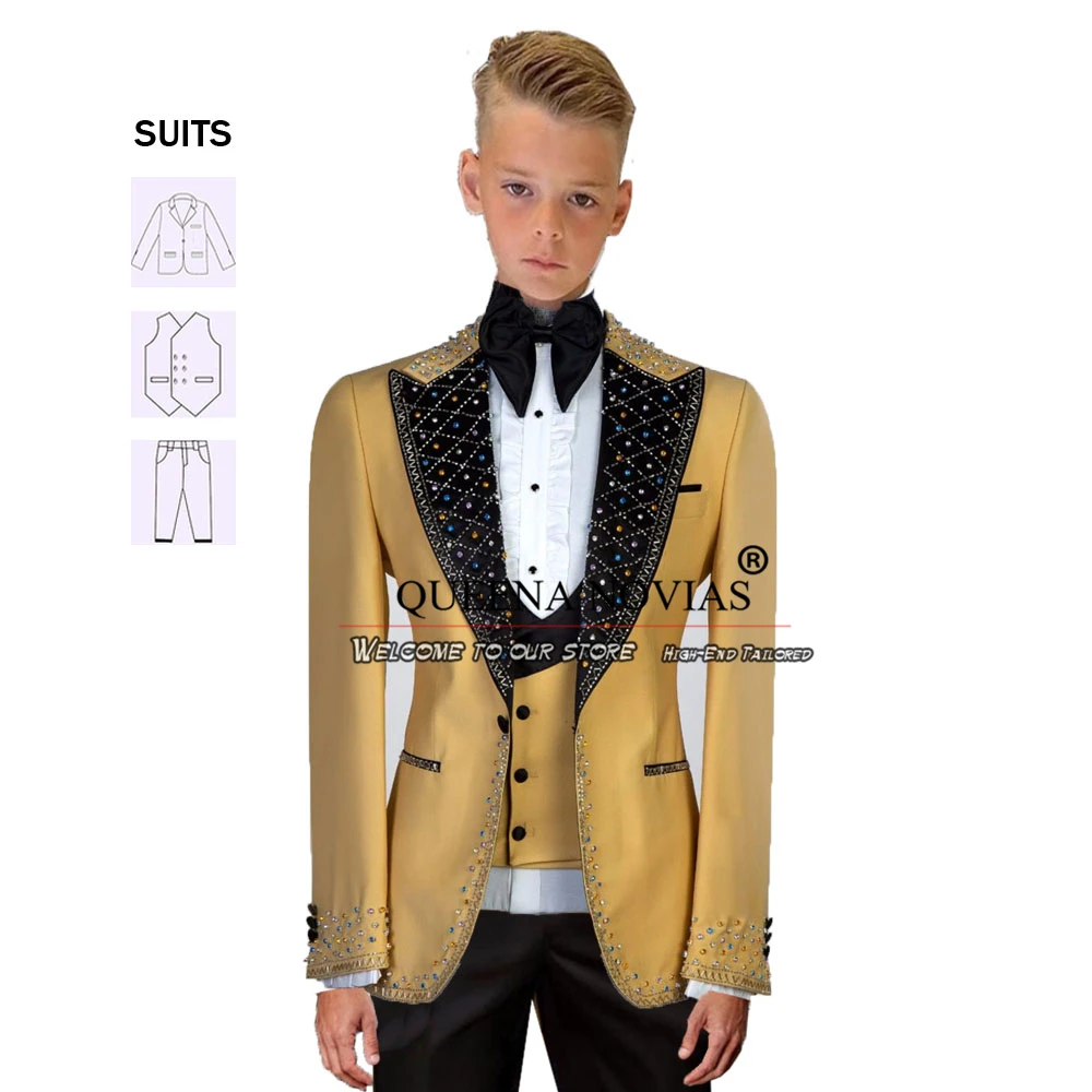 Luxury Boy Attire Suits Jewelry Ornament Black Lapel Jacket Vest Pants 3 PCS Children Wedding Tuxedo Roupa Infantil Masculino
Luxury Boy Attire Suits Jewelry Ornament Black Lapel Jacket Vest Pants 3 PCS Children Wedding Tuxedo Roupa Infantil Masculino