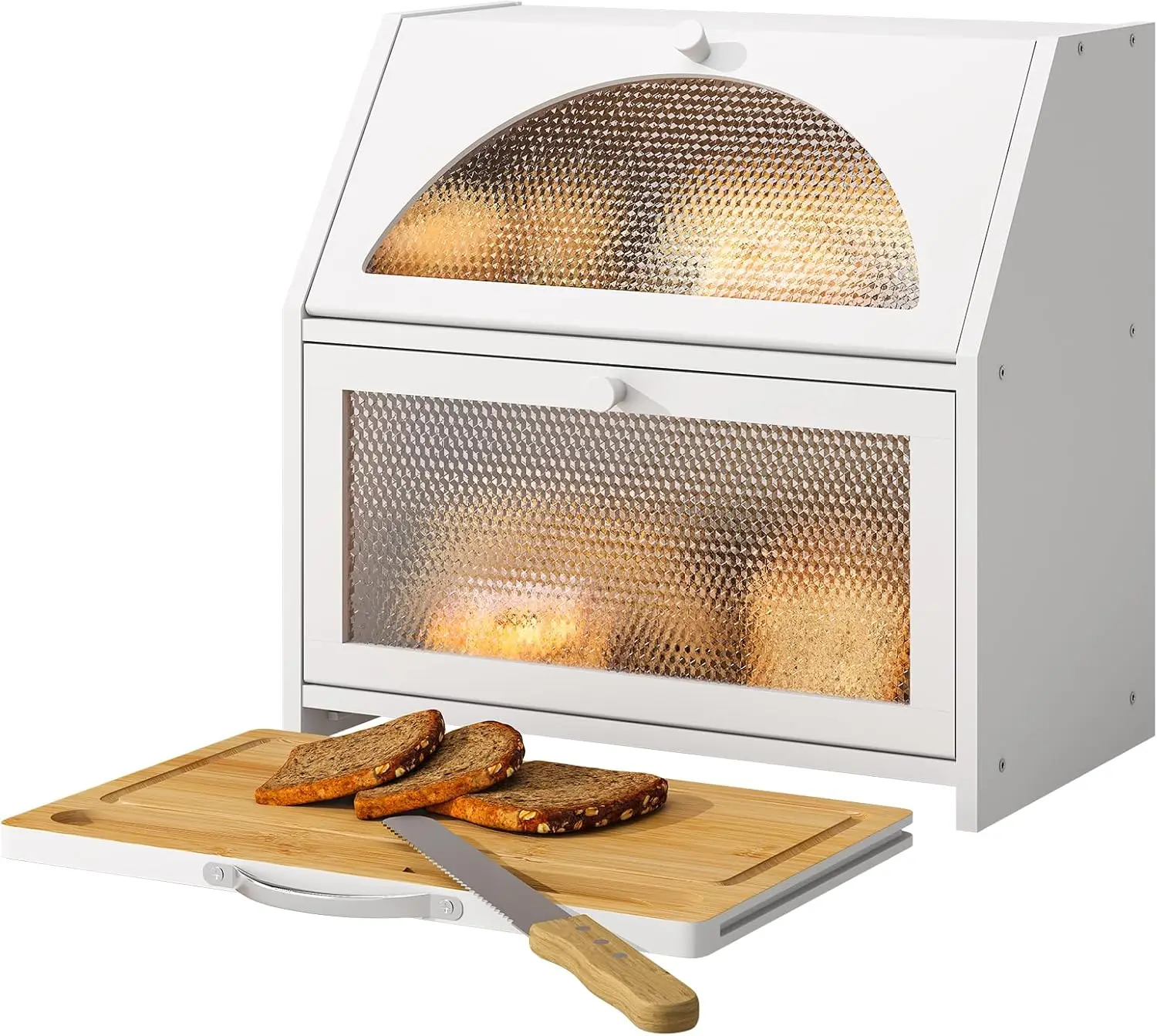 Double Layer Bamboo Bread Box with Cutting Board, Large Kitchen Storage Bin White
Double Layer Bamboo Bread Box with Cutting Board, Large Kitchen Storage Bin White