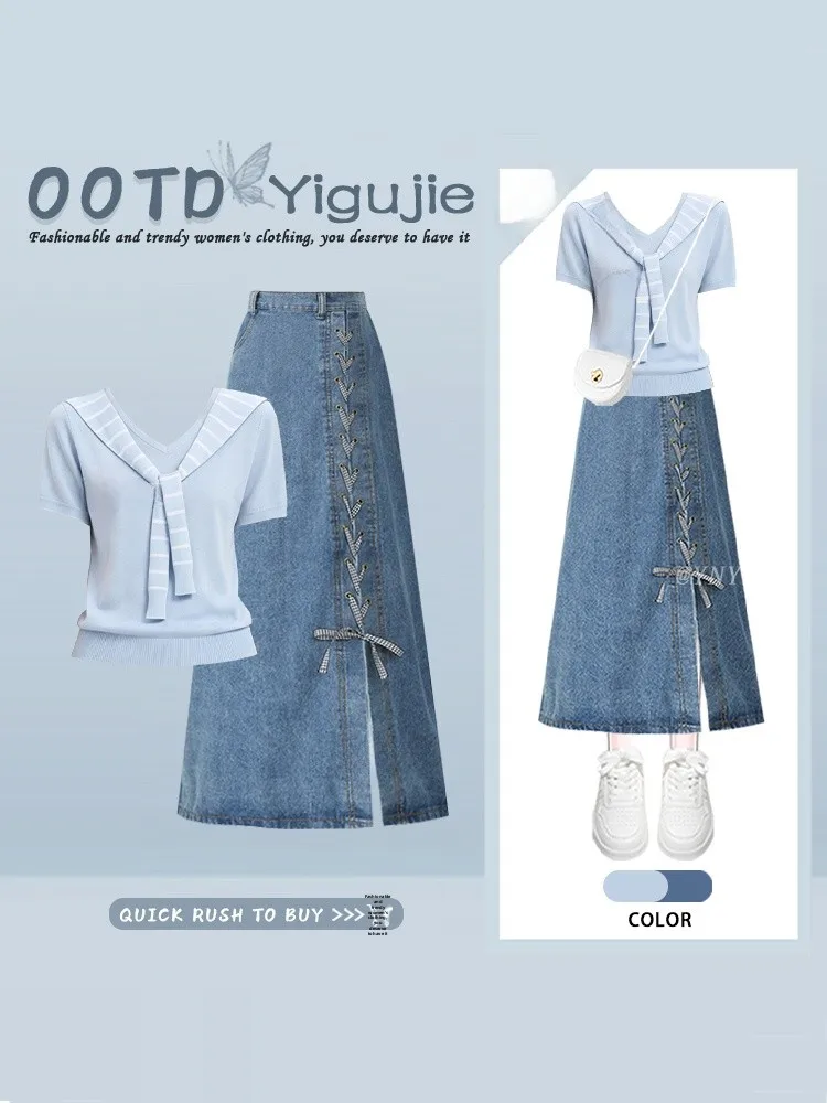 Blue Striped Shawl round Neck Short Sleeve Slim Fit Top Summer Tie Waist Slit Denim Skirt Set Ageless Gentle Style Women's Fa...
Blue Striped Shawl round Neck Short Sleeve Slim Fit Top Summer Tie Waist Slit Denim Skirt Set Ageless Gentle Style Women's Fa...