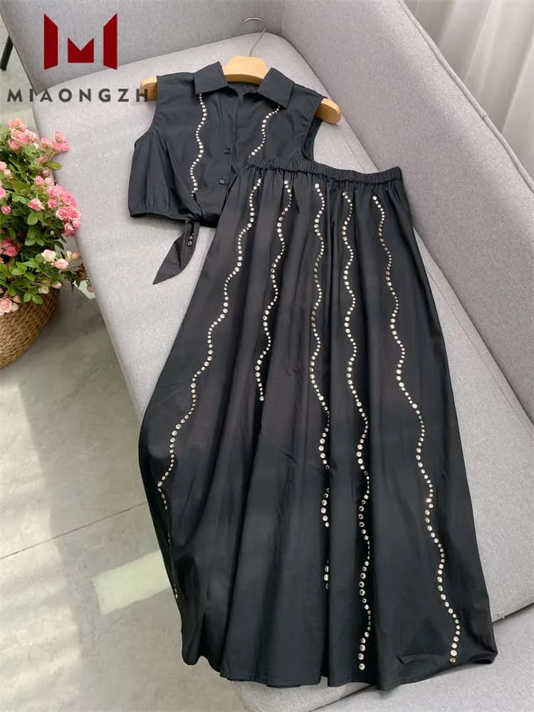 High Quality Rhinestone Waves Decorative Black Luxury For Women Set Slim Knotting Waist Shirt Tops Or Casual Long Skirt New Suit
High Quality Rhinestone Waves Decorative Black Luxury For Women Set Slim Knotting Waist Shirt Tops Or Casual Long Skirt New Suit