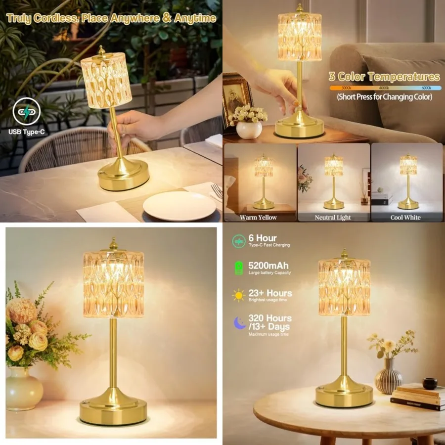 Cordless Crystal Table Lamp, 5200mAh Rechargeable Battery, 3 Color Dimmable Touch Control, Portable Vintage Gold Desk Lamp for
Cordless Crystal Table Lamp, 5200mAh Rechargeable Battery, 3 Color Dimmable Touch Control, Portable Vintage Gold Desk Lamp for