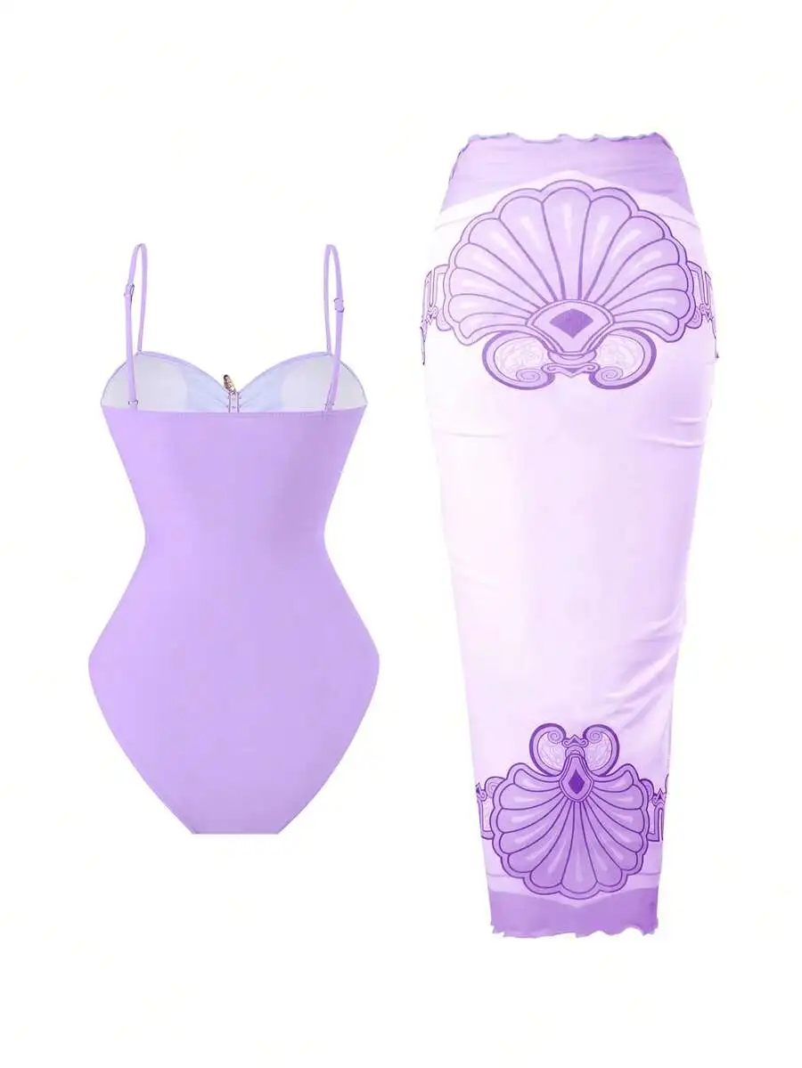 Lavender One-Piece Swimsuit With Ruched Tummy Control And Shell Print Maxi Skirt
Lavender One-Piece Swimsuit With Ruched Tummy Control And Shell Print Maxi Skirt