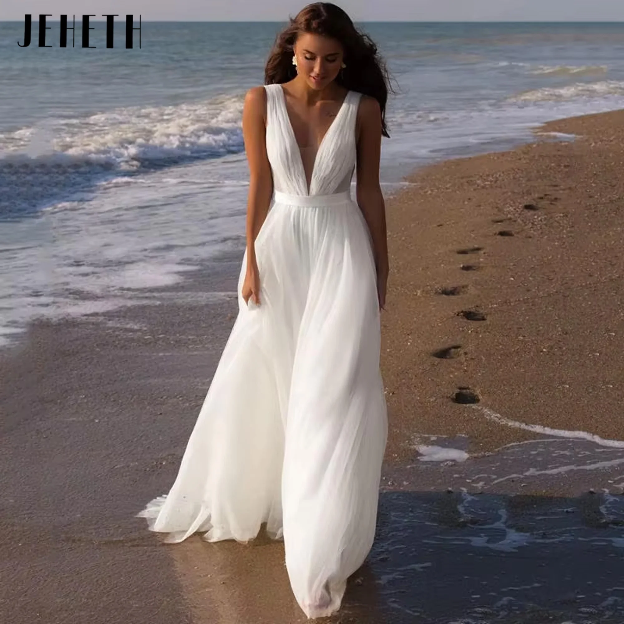 JEHETH Simple Beach Wedding Dress White V-Neck Sexy Sleeveless Tulle Bridal Gowns Vestido De Noiva Boho Wedding Gowns Customized
JEHETH Simple Beach Wedding Dress White V-Neck Sexy Sleeveless Tulle Bridal Gowns Vestido De Noiva Boho Wedding Gowns Customized