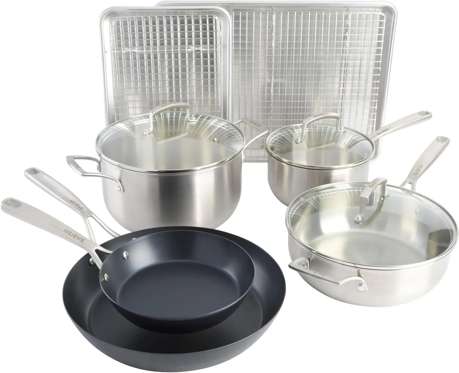 Babish 12-Piece Mixed Material (Stainless Steel, Carbon Steel, & Aluminum) Professional Grade Cookware Set W/Baking Sheets
Babish 12-Piece Mixed Material (Stainless Steel, Carbon Steel, & Aluminum) Professional Grade Cookware Set W/Baking Sheets