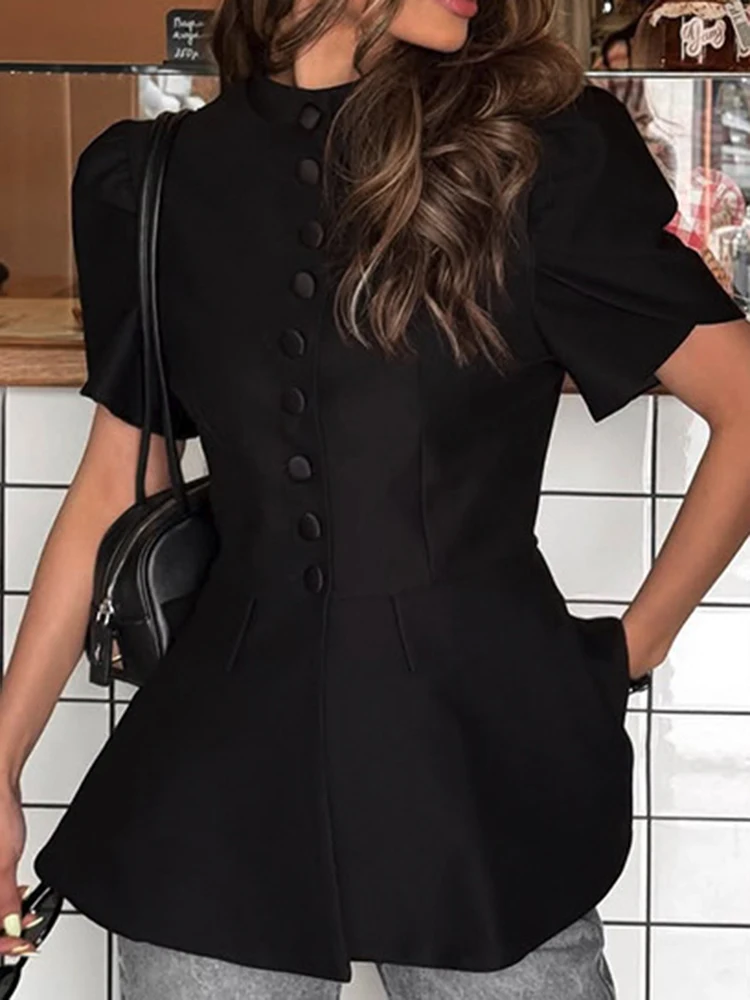 Casual O-neck Slim Women's Tops Fashion Solid Color Short Sleeve Commute T-shirts Summer Elegant Single Breasted Pleated Tops
Casual O-neck Slim Women's Tops Fashion Solid Color Short Sleeve Commute T-shirts Summer Elegant Single Breasted Pleated Tops